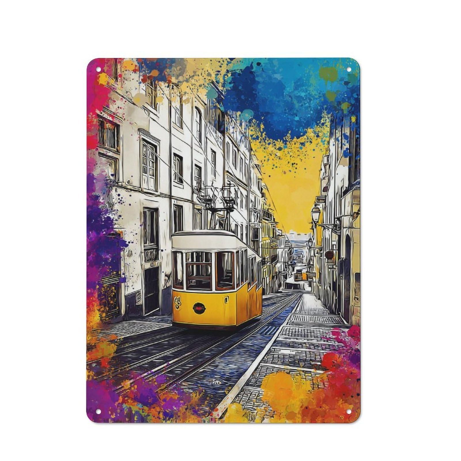 Junmoney Colorful Cityscape With Tram Rustic Tin Wall Plaque 40X30cm For Kitchen Or Home Bar, A Winter Wall Decor Update For Kitchen Decor Lovers