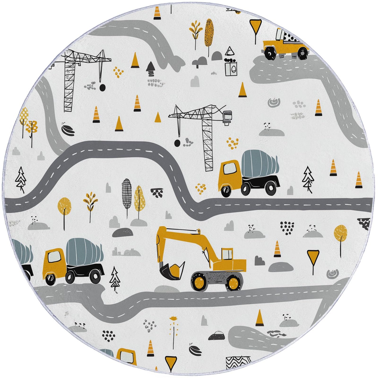 Tappeto rotondo in flanella100 cm, Morbido Cartone animato Veicoli da costruzione Strada Tappetini Antiscivolo Tappeto per Bambini Cameretta Cucina Casa Zona Balcone Tappet Tavolino Colorato