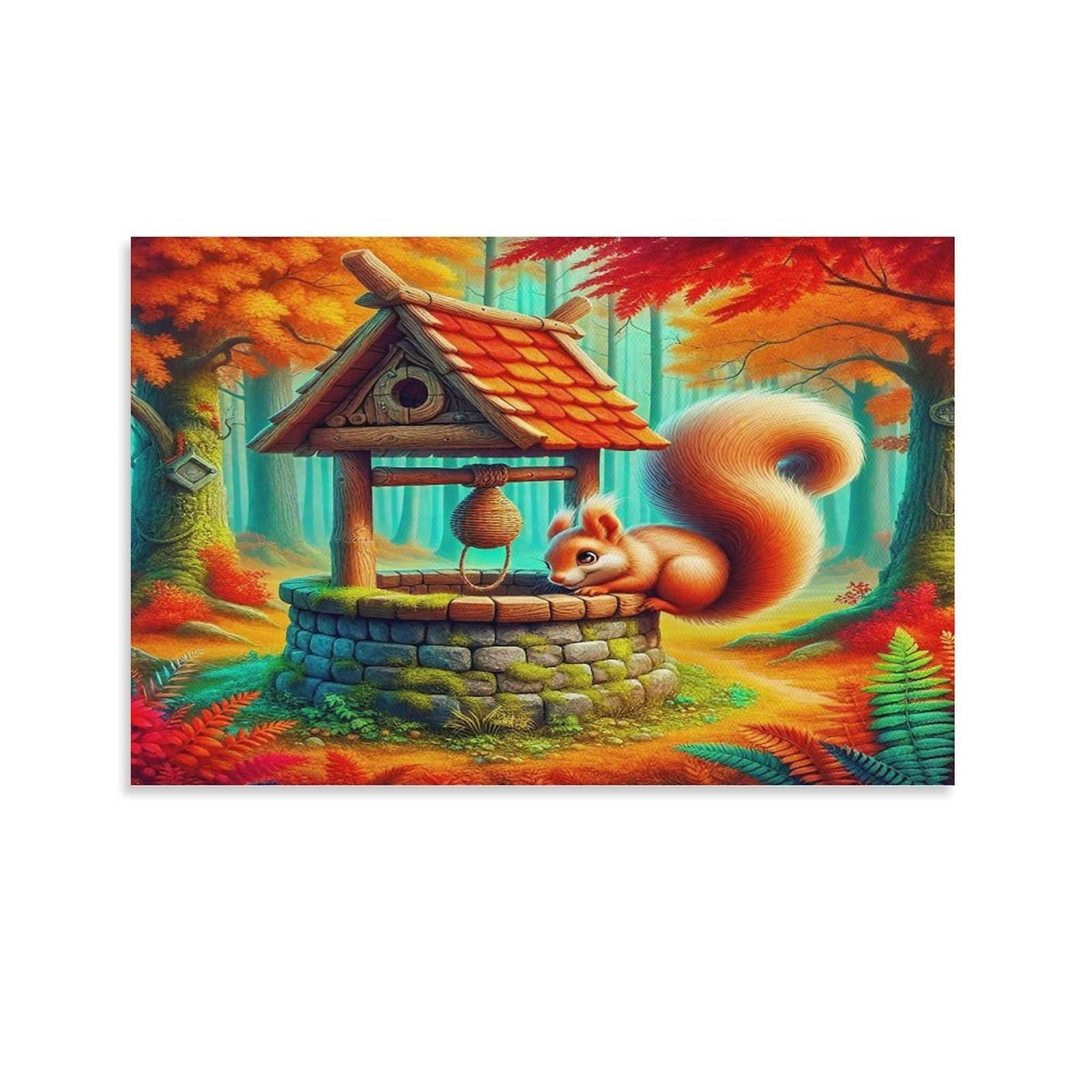 CPLVKWRQJ Squirrel in Festive Winter Scene Individual Squirrel Leaning on Autumn Forest Well Wall Art Decor - Office Wall Focal Art Multi-Purpose Fade Resistant Decor 16x24inch(40x60cm)