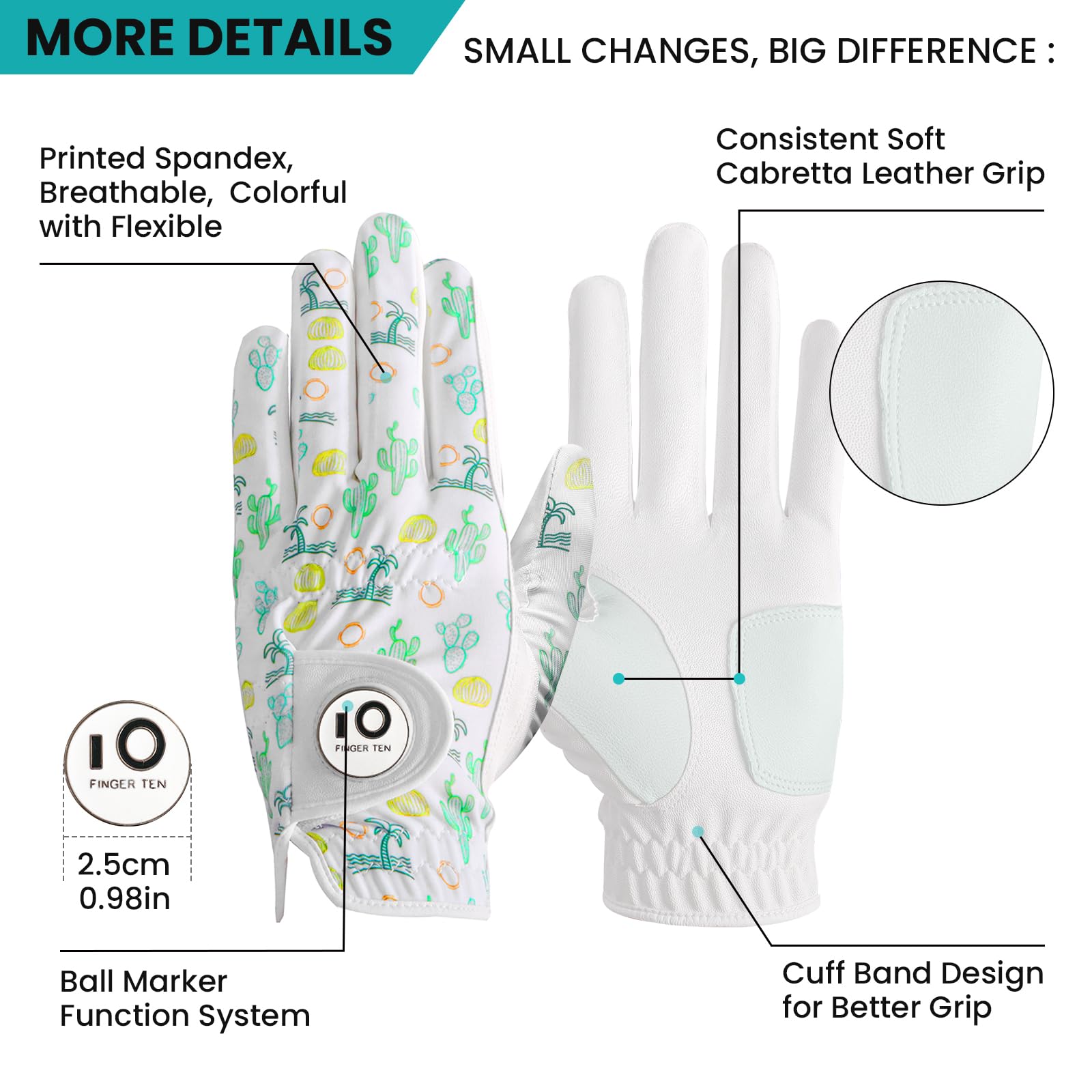 FINGER TEN Golf Gloves Men Left Hand Right Leather With Ball Marker Printed Grip 2 Pack - Image 2