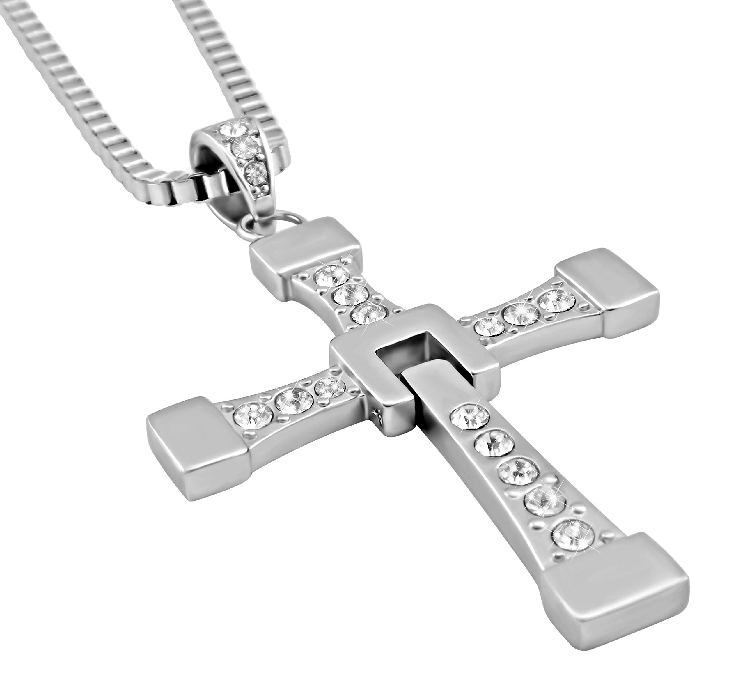Collana in acciaio inox con ciondolo a forma di croce e strass lunghi 60 cm – Collana Dominic Toretto ispirata a Fast and Furious – Articolo perfetto per i fan del film