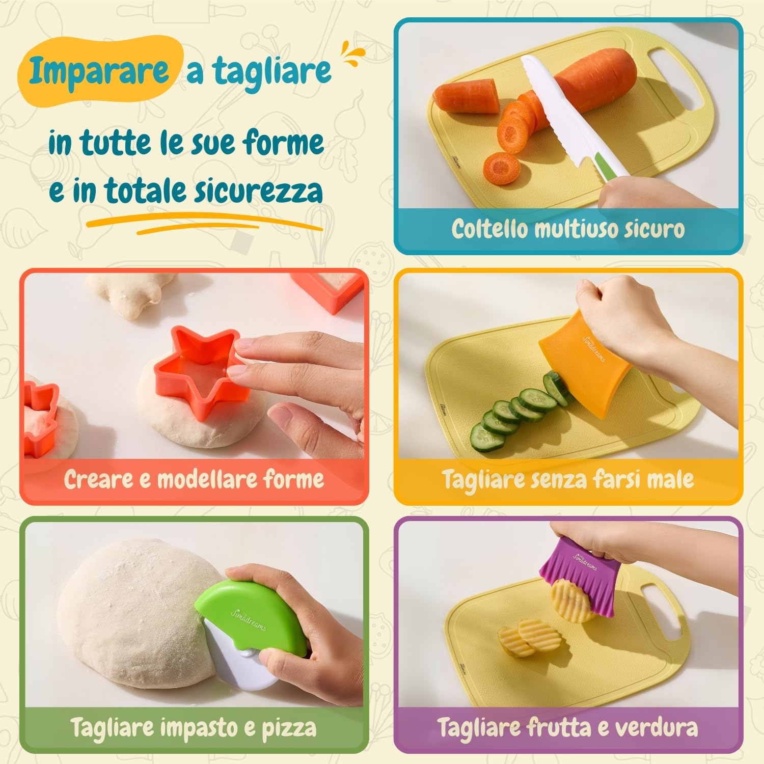 Set Cucina Bambini Montessori con Coltelli Antitaglio, Utensili Veri e Sicuri, Grembiule e Cappello da Chef - Kit Cucina e Pasticceria per Bambini - Regalo Bambina e Bambino dai 3 Anni