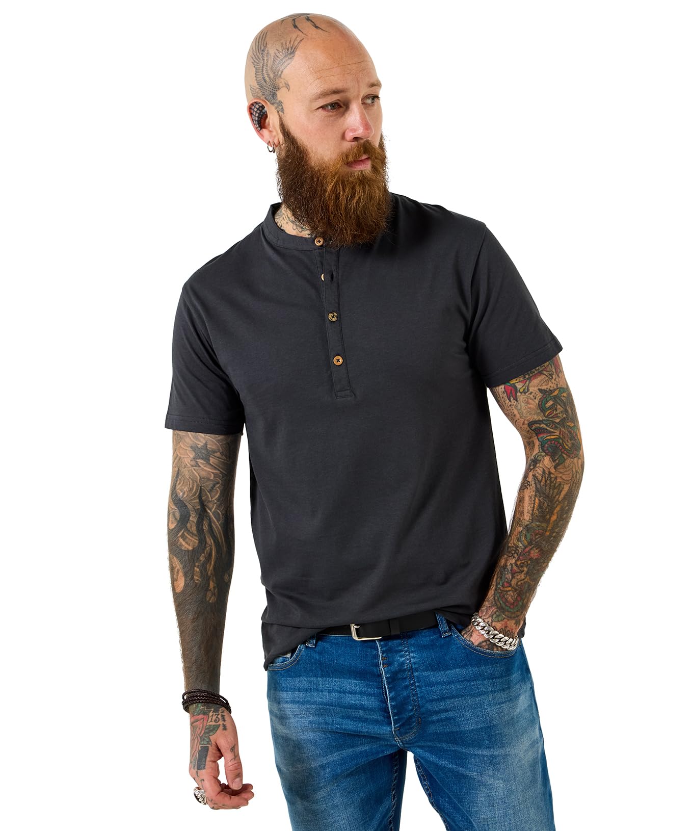 Joe Browns Men's Wooden Button Detail Short Sleeve Henley, Regular, Grey, UK M