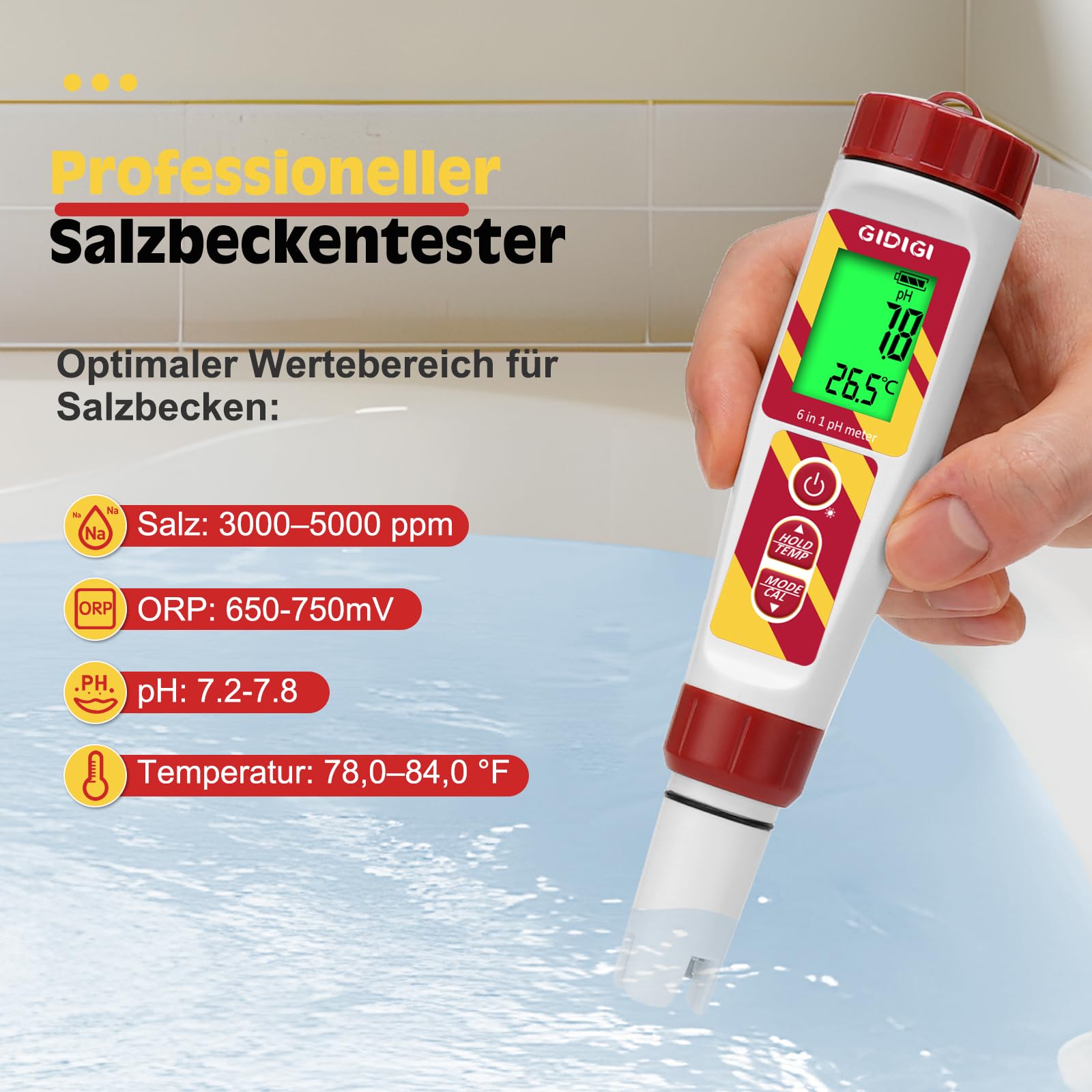 Zoutgehaltetester voor zwembaden, digitale pH ORP-meter voor
