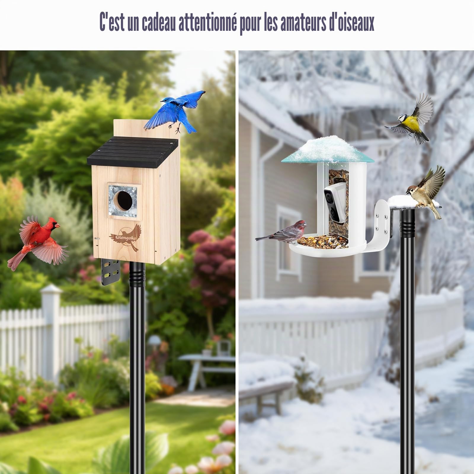 Gtongoko Poteau pour mangeoire à Oiseaux Intelligente, nichoir d’extérieur, Station météo, Poteau de Fixation en métal réglable et Robuste, Noir, 200 cm