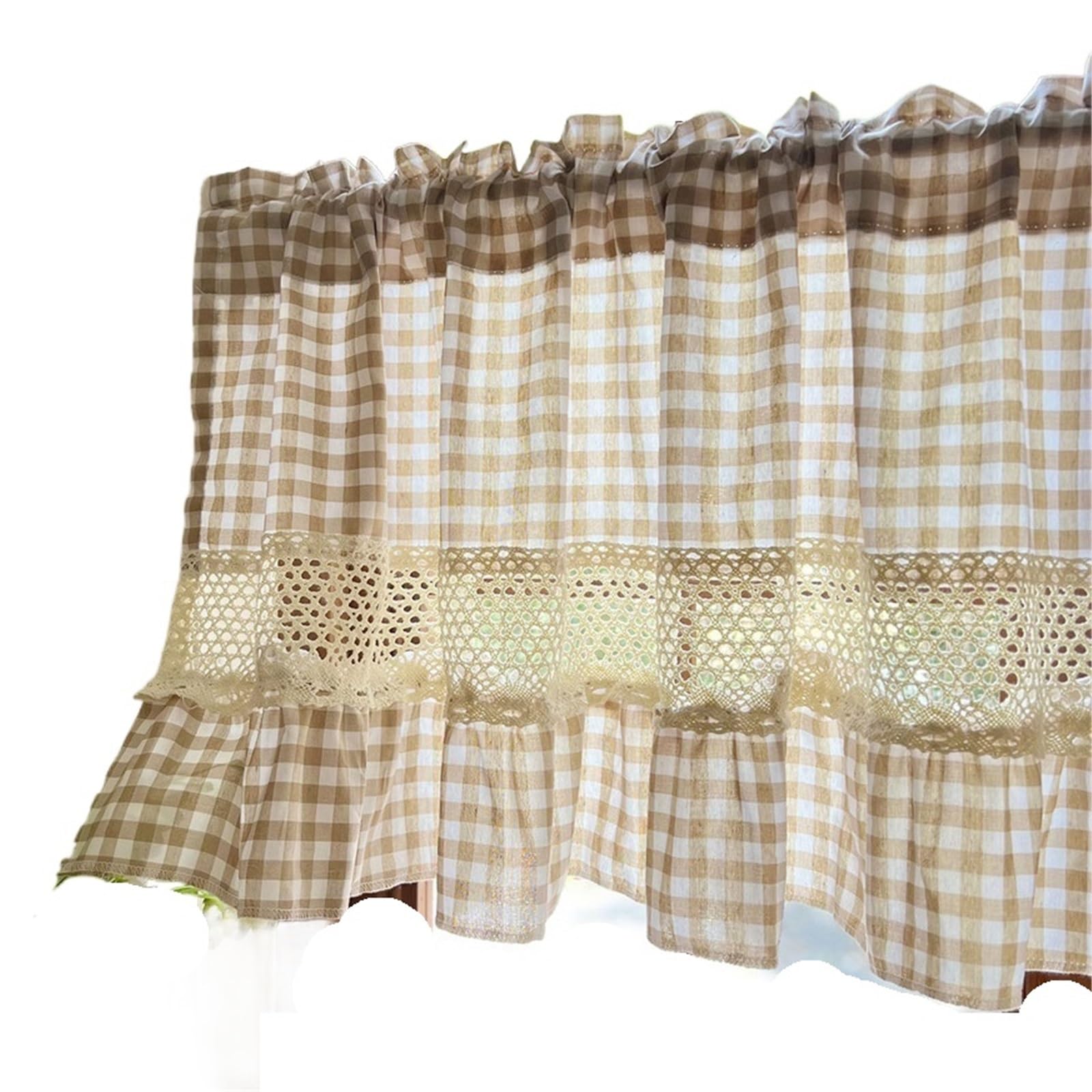LNNXSZ Short Curtains Beige Gingham Cafe Curtain Crochet Lace Trim Light Filtering Window Valance For Kitchen Dining Farmhouse Home Decor(1 Panel W140xH45cm)
