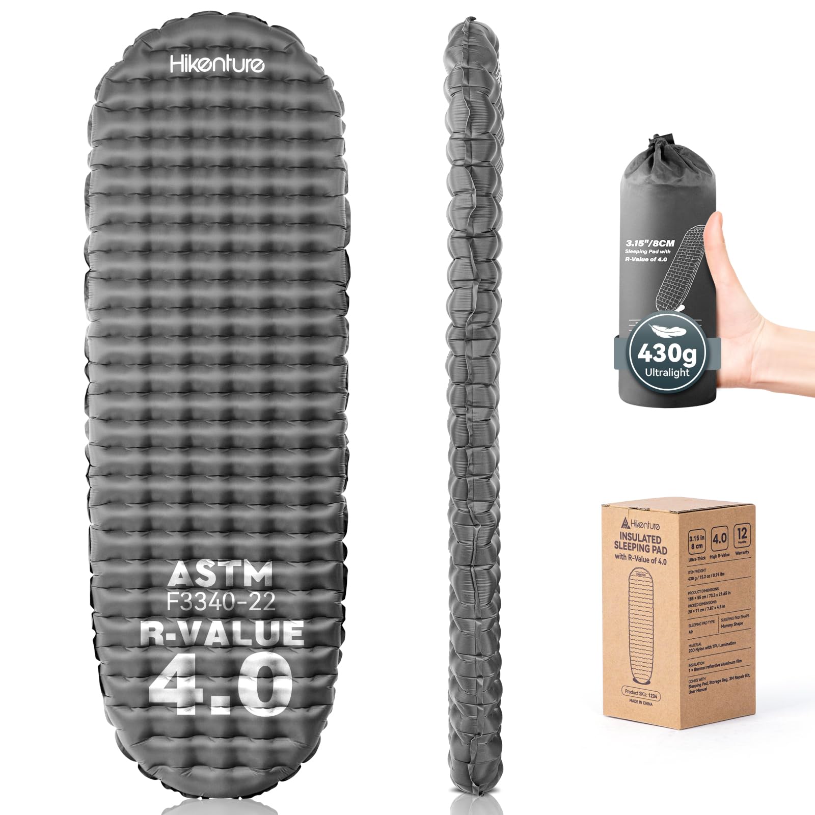 HIKENTURE 430g Ultralight Camping Mat, 4.0 R-Value 8cm Sleeping Pad, Grey