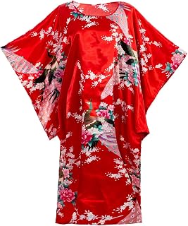 Flower Peacock Satin Silk Kimono Dress, Nightgown, Housedress One Size Fits Most Dressing Gown Robe
