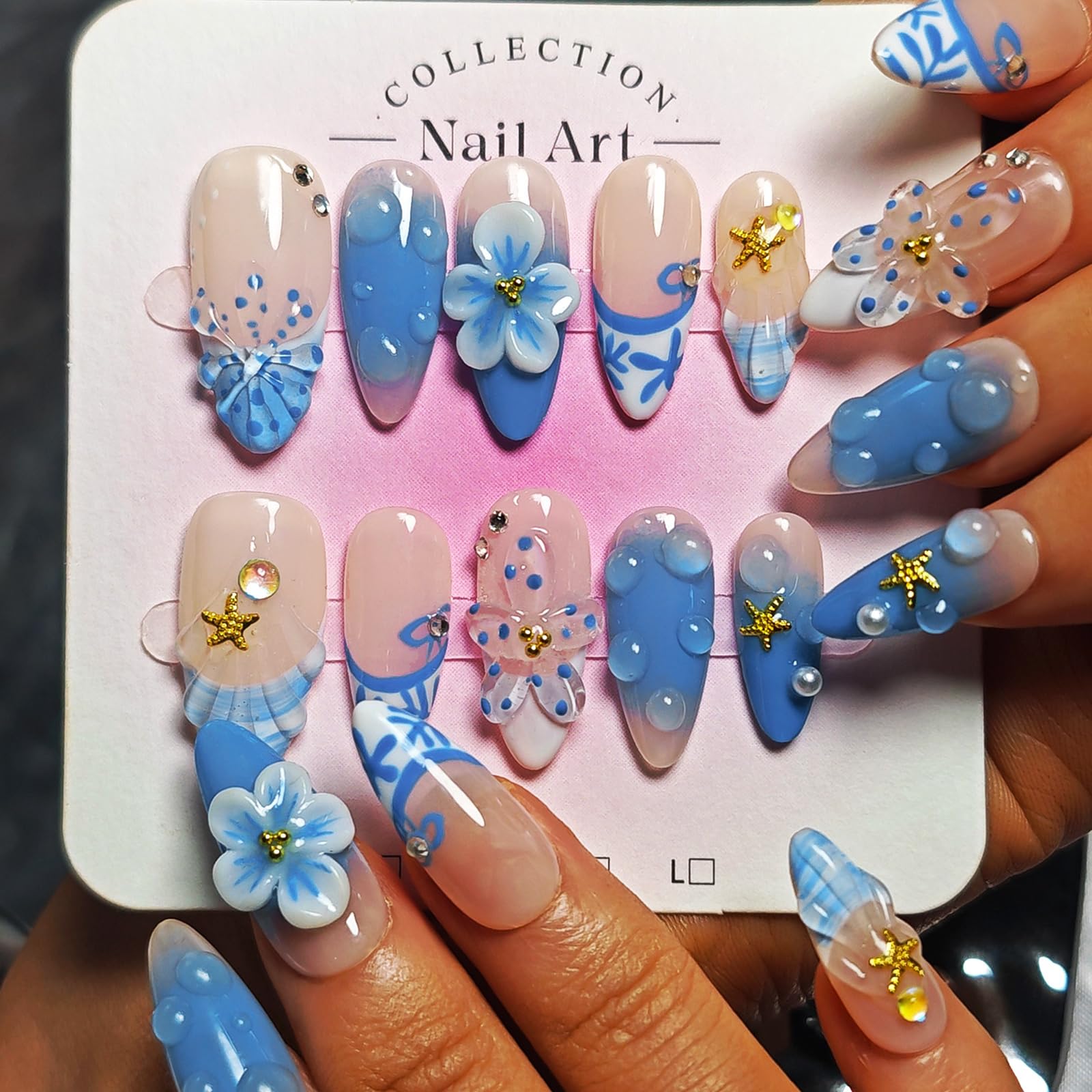 Handmade Acrylic Press On Nails Almond, 3D Press On Nails Medium, Ocean 3D Blue Nails French Tip Flower Bubble Preal For Women Gift, Reusable Stick On