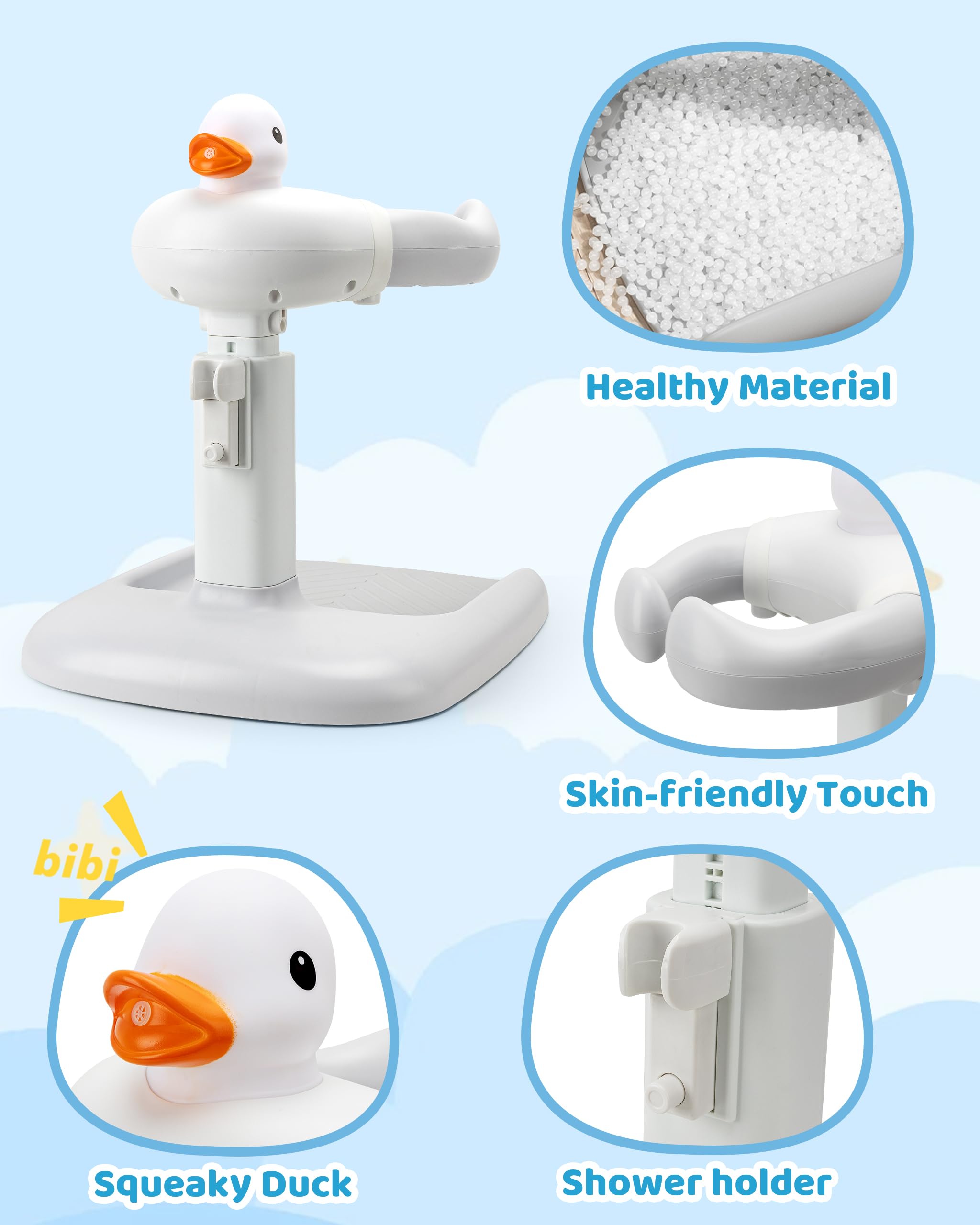 Altura ajustable para la bañera de bebé con asiento: ducha de pie con asiento para niños a partir de 6 meses – Base antideslizante y diseño de pato ayuda a la ducha infantil