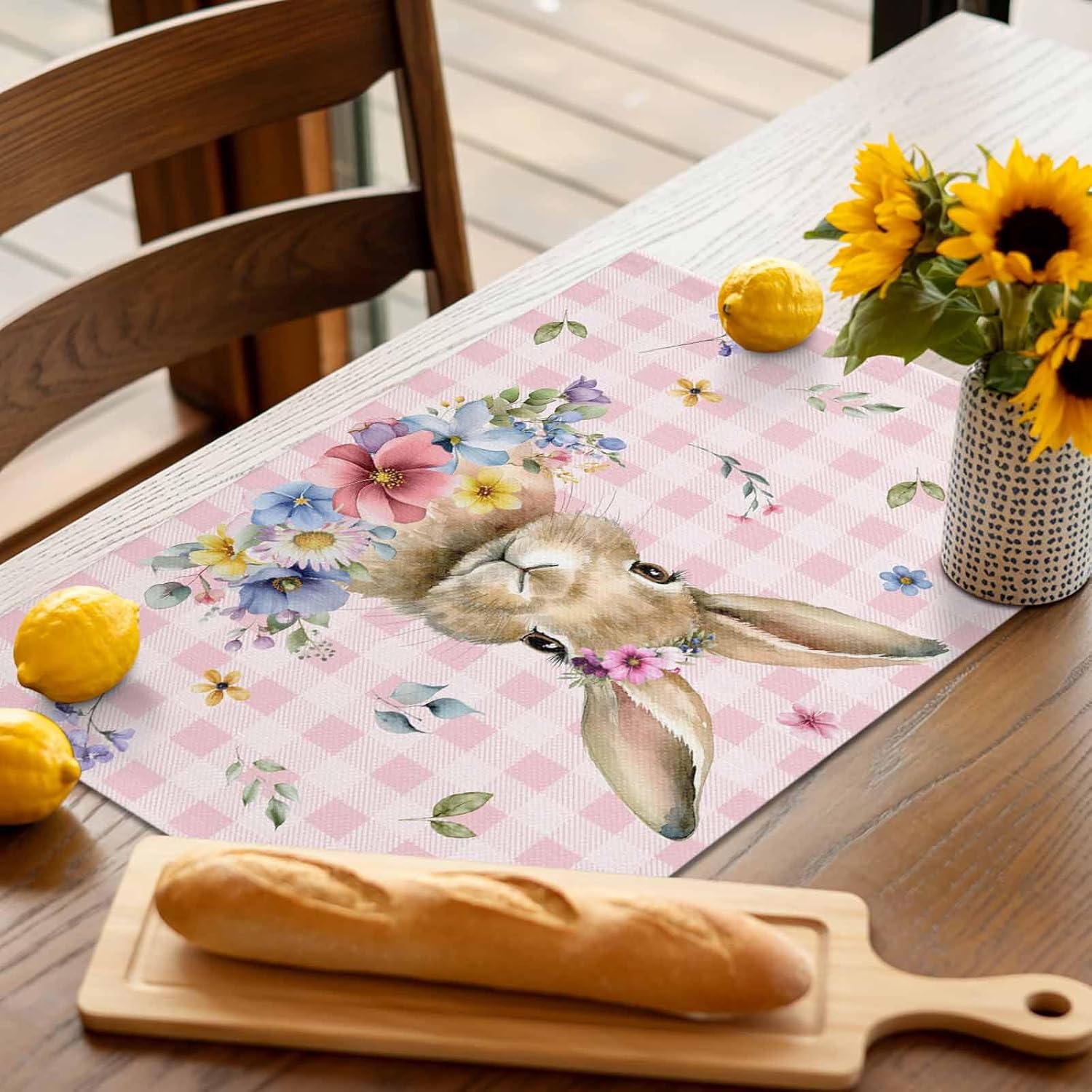 Easter Spring Bunny Placemats Set of 6,Washable Woven Burlap Cloth Fabric Placemat for Square/Rectangle/Round/Oval Dining Table,Easy Clean Place Mats Buffalo Plaid Check Rabbits Pink Plant