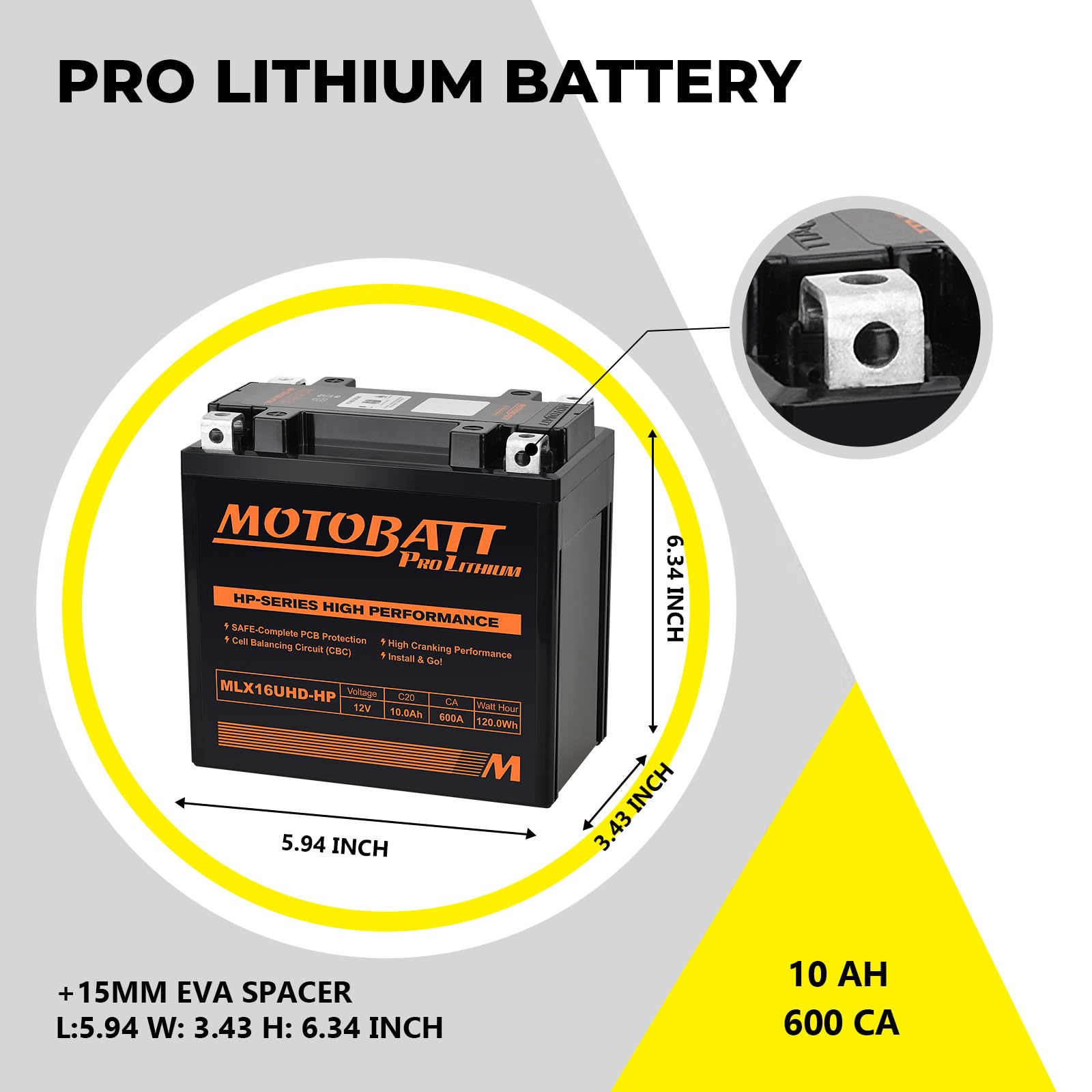 YTX14-BS LiFePO4 - Batería de litio para motocicleta, MotoBatt MLX16UHD-HP ATV UTV de 4 ruedas con mayor potencia de arranque (12 V, 600 CA, 10 A), compatible con piezas KTM, Yamaha, Honda, SUZUKI
