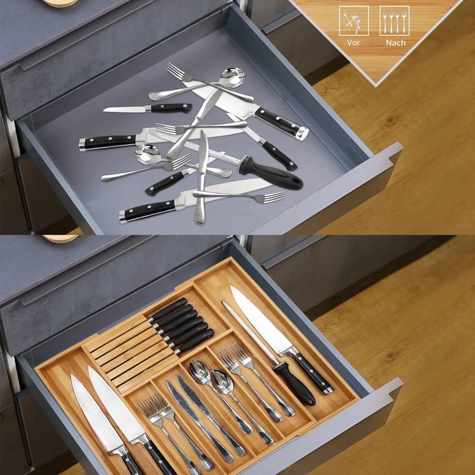 VaeFae Besteckkasten für Schubladen aus Bambus, erweiterbarer Schubladen Organizer Küche, Breite von 32 auf 55 cm,Besteckeinsatz für Schubladen mit Messerblock,verstellbarer Besteckkasten aus Holz