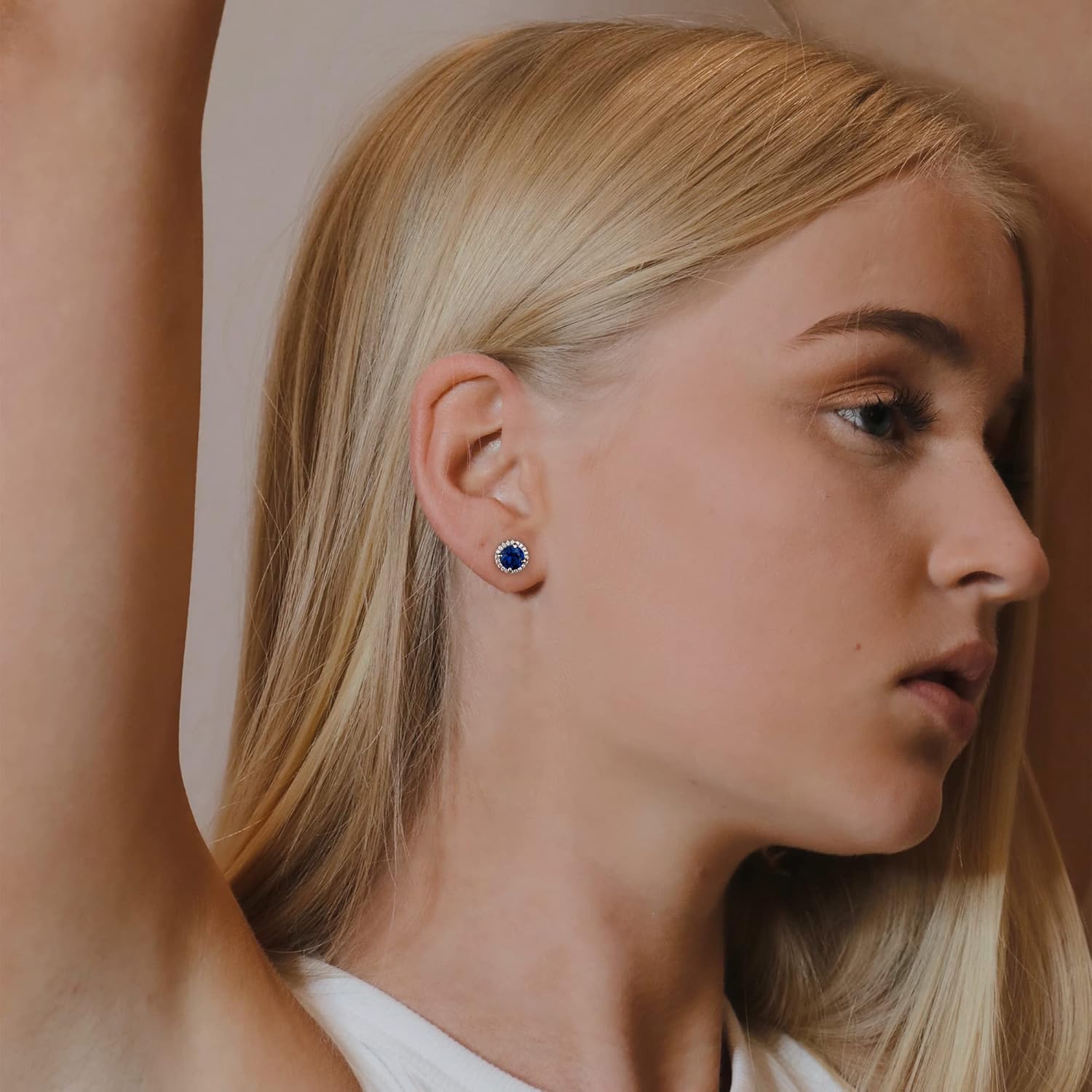 SMILEST Gifts for Her - 925 Sterling Silver Halo Birthstone Earrings, Round Cut Birthstone Stud Earrings Anniversary Birthday Gifts for Women Mom Wife Daughter Girlfriend Grandma - Image 6