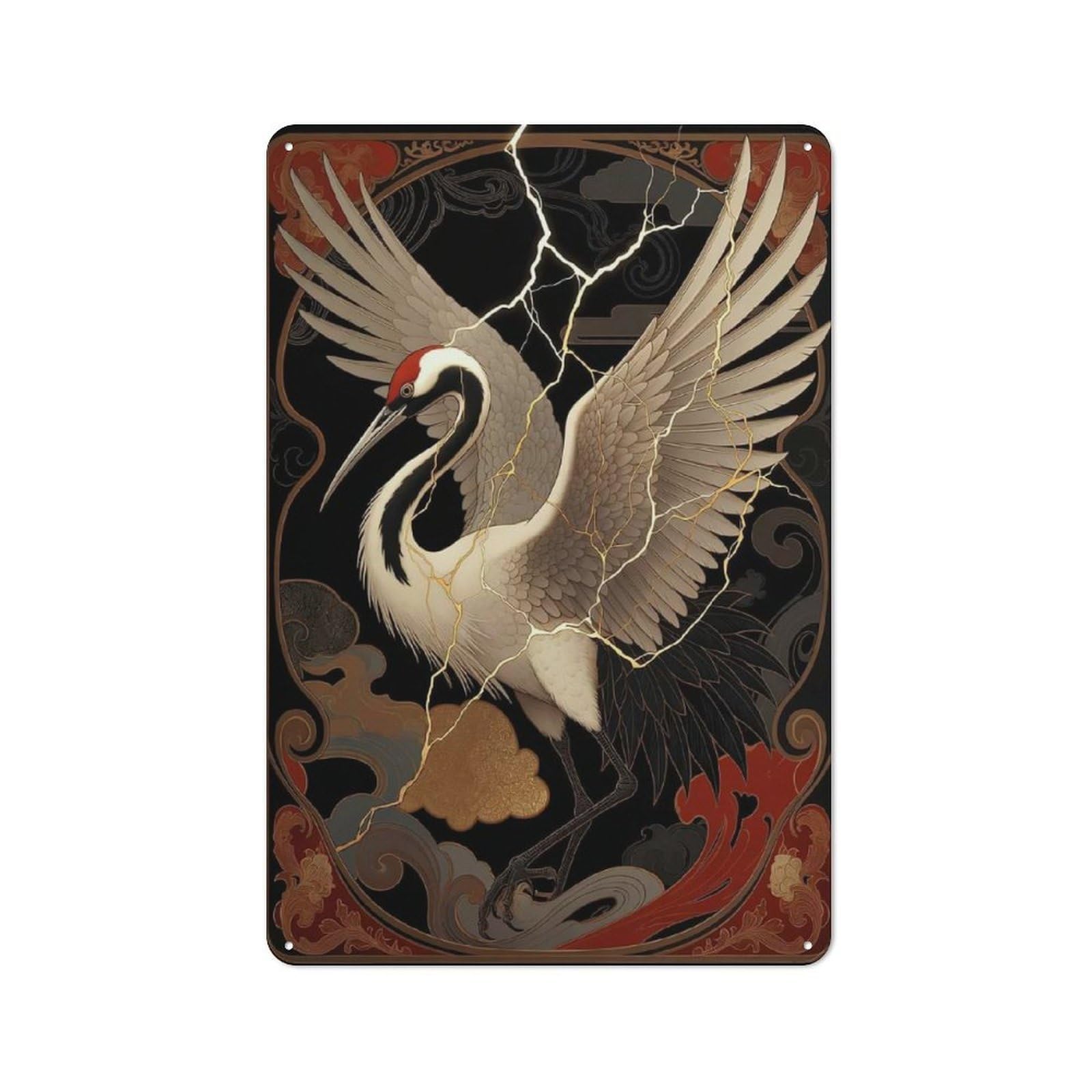 Kintsugi Crane Retro Tin Wall Plaque 30x20cm for Living Room Or Hallway, for Vintage Wall Decor Fans, for Metal Sign Collectors