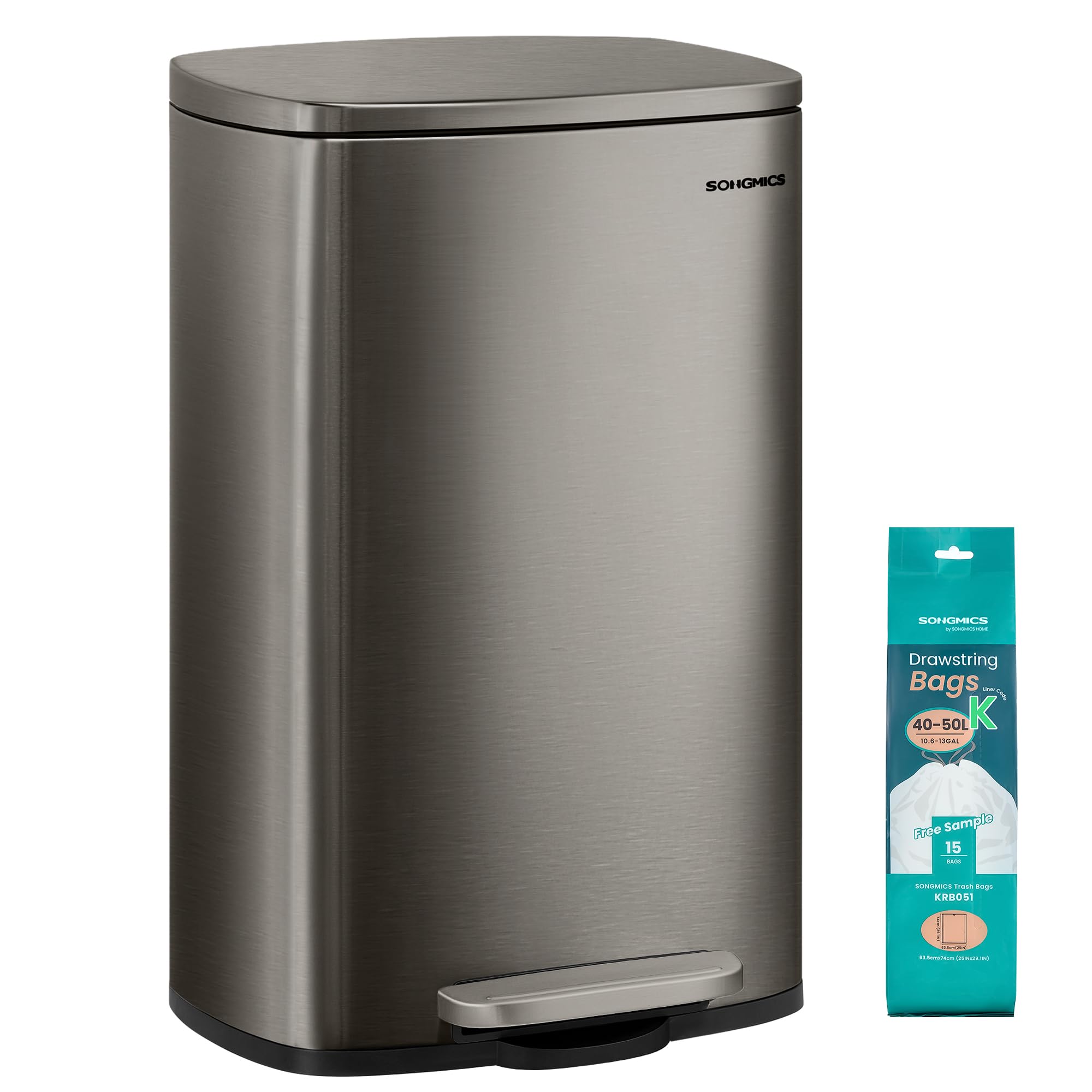 SONGMICS Kitchen Bin 50L, Stainless Steel, with Soft-Close Lid