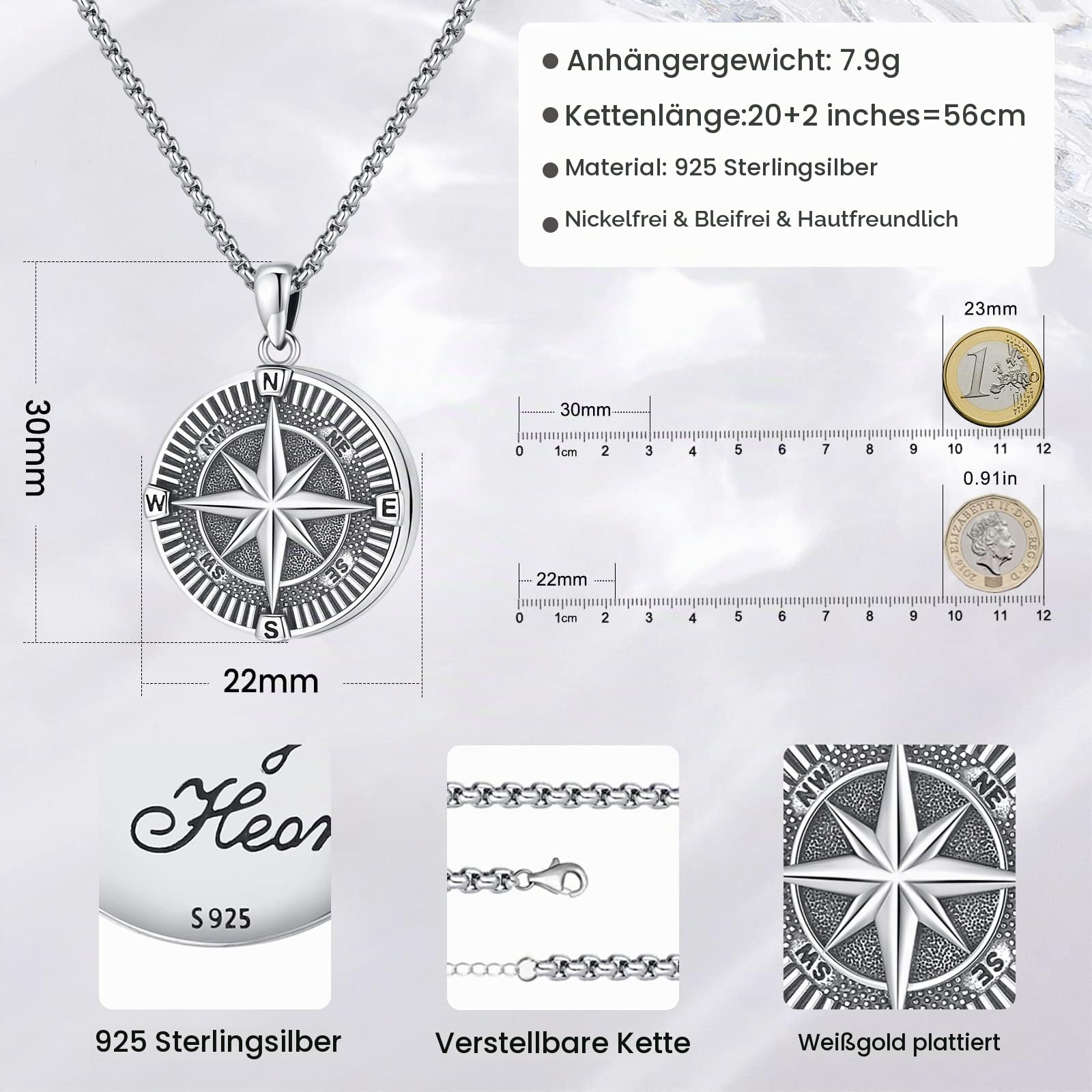 Eusense 925 Sterling Silber Kompass Halskette Kompass Anhänger Kette Geschenke Zum Vatertag Abschluss Geschenk Schmuck für Herren Damen