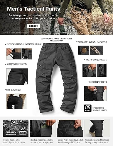 Miniatura 8 de CQR Pantalones tácticos para hombre, resistentes al agua, pantalones cargo Ripstop, ligeros EDC trabajo, senderismo, ropa para exteriores