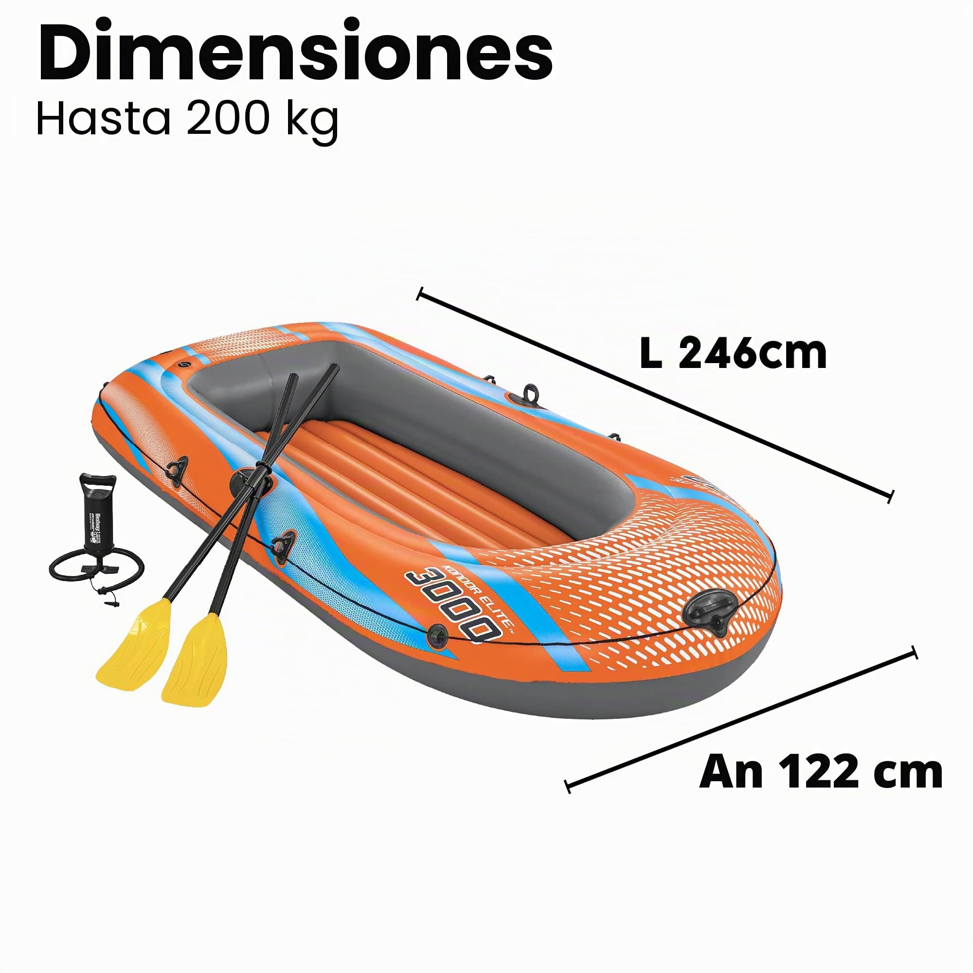 Bestway Kondor 3000 - Juego de balsa Inflable para 3 Personas, con Remo y Bomba de Mano/pie, Asas Resistentes y válvulas entrelazadas, 8.1 x 48 Pulgadas, 2.46 m x 1.22 m