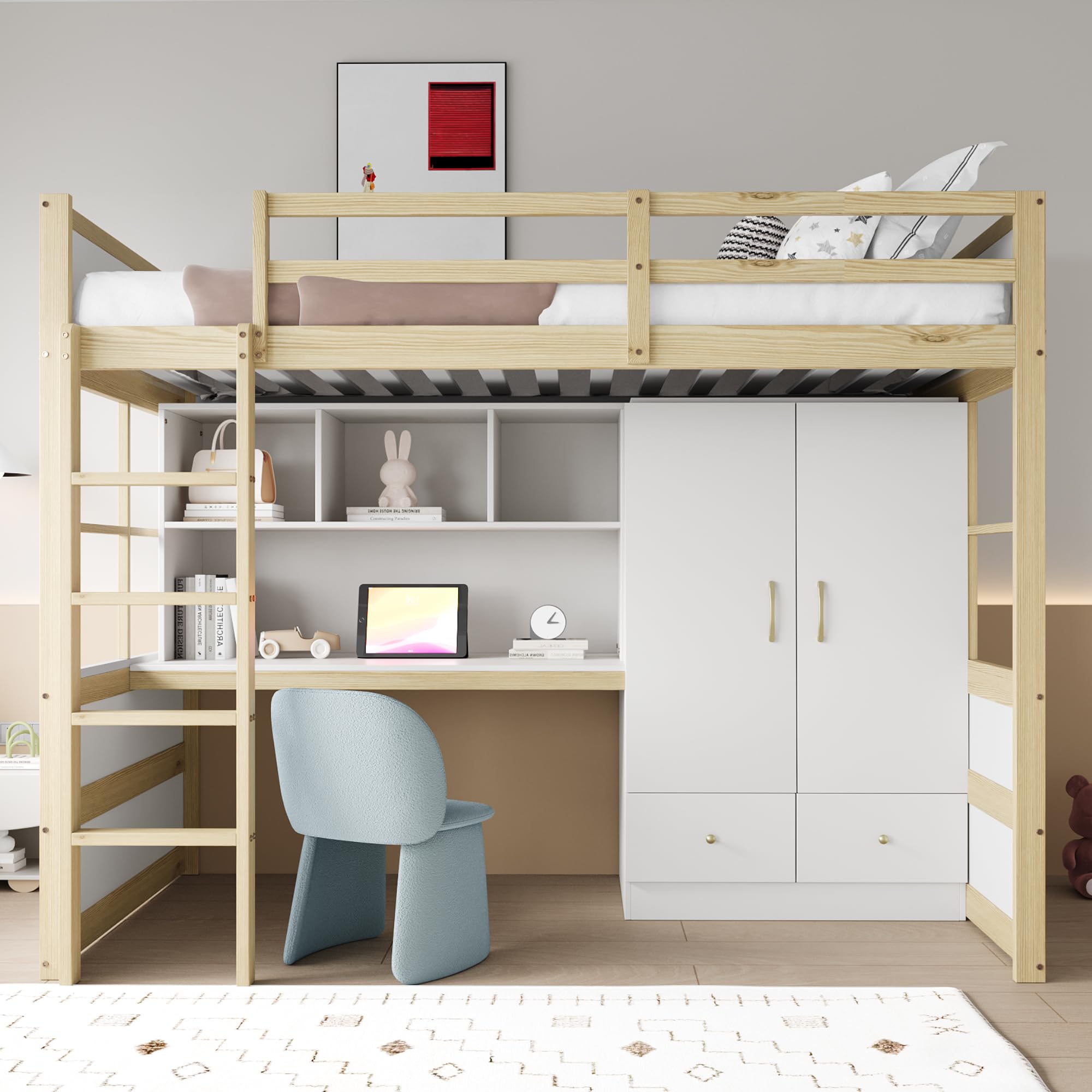 Letto a soppalco 90 x 200 cm – Con scaletta, scrivania con vani contenitore, armadio e cassetti – Letto per bambini/Letto per ragazzi/Letto singolo (I)