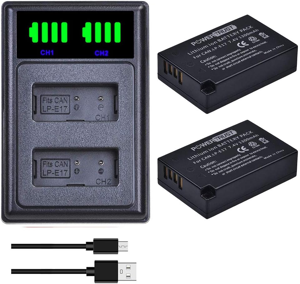 โ 2Pcs 1300mAh LP-E17 LP E17 Battery with Charger for Canon EOS R8, R10, R50, RP, 850D, 77D, 750D, 760D, 8000D, 200D, EOS M3, M5, M6, Rebel T6i, T6s, Kiss X8i