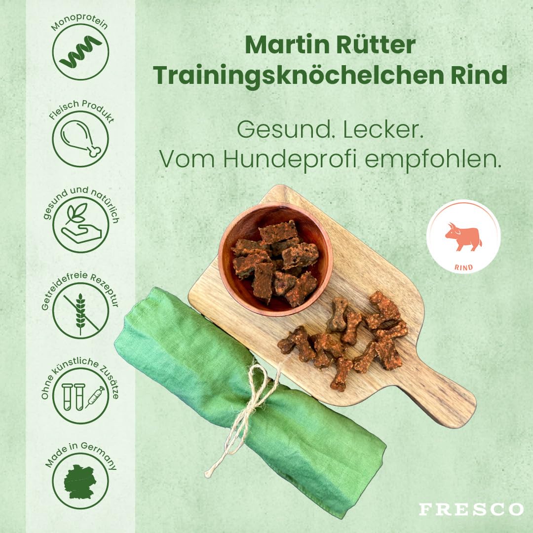 FRESCO Dog Martin Rütter Trainingsknöchelchen Rind 1kg | Hundeleckerli getreidefrei & zuckerfrei mit 92% Frischfleisch | Geruchs- & fettarm | Gesunde Hunde Leckerlis fürs Hundetraining