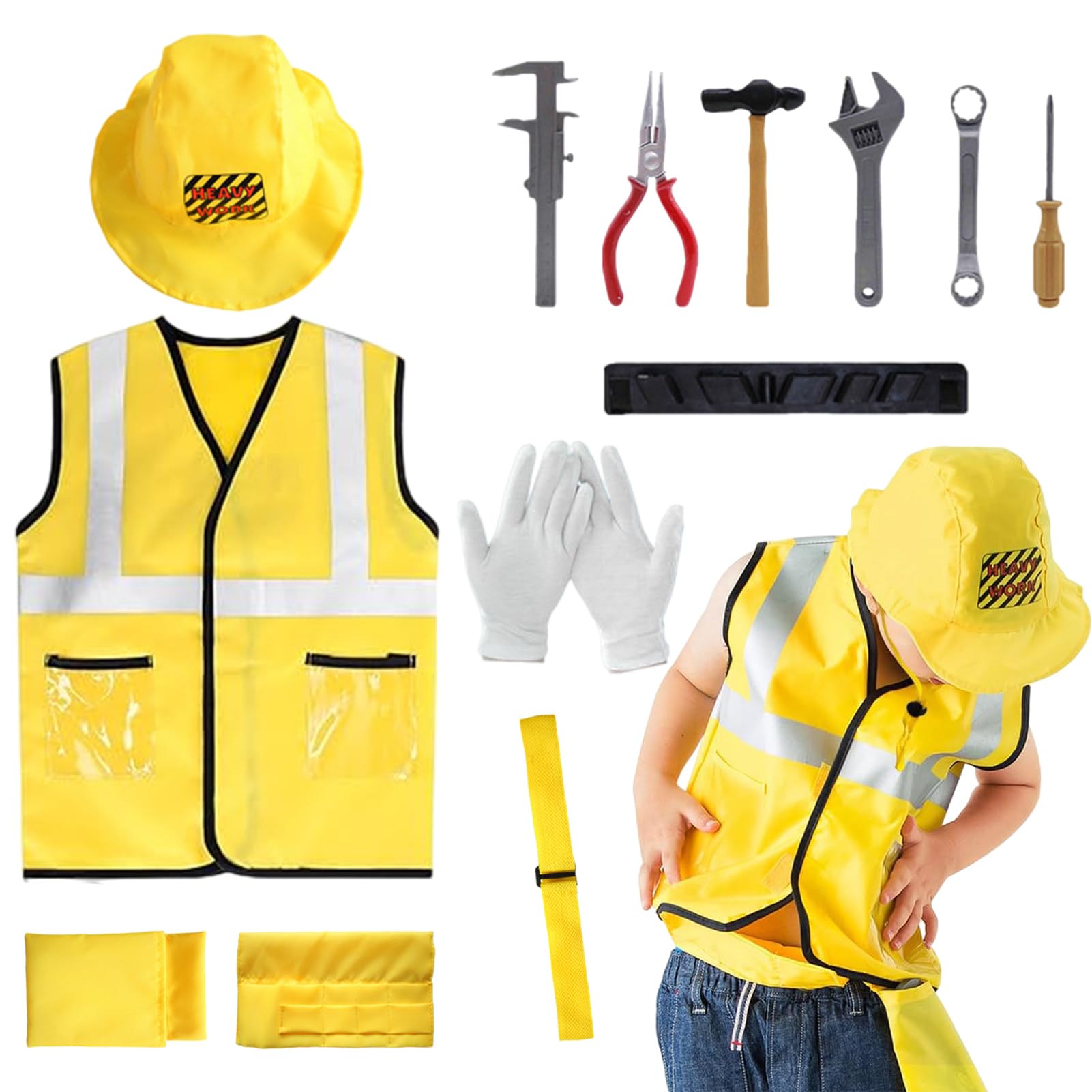 Antsparty Construction Worker Costume for Kids, World Book Day Builder Role Play Costumes Set with Play Tools for Children Boys 3 4 5 6 7 8 Years