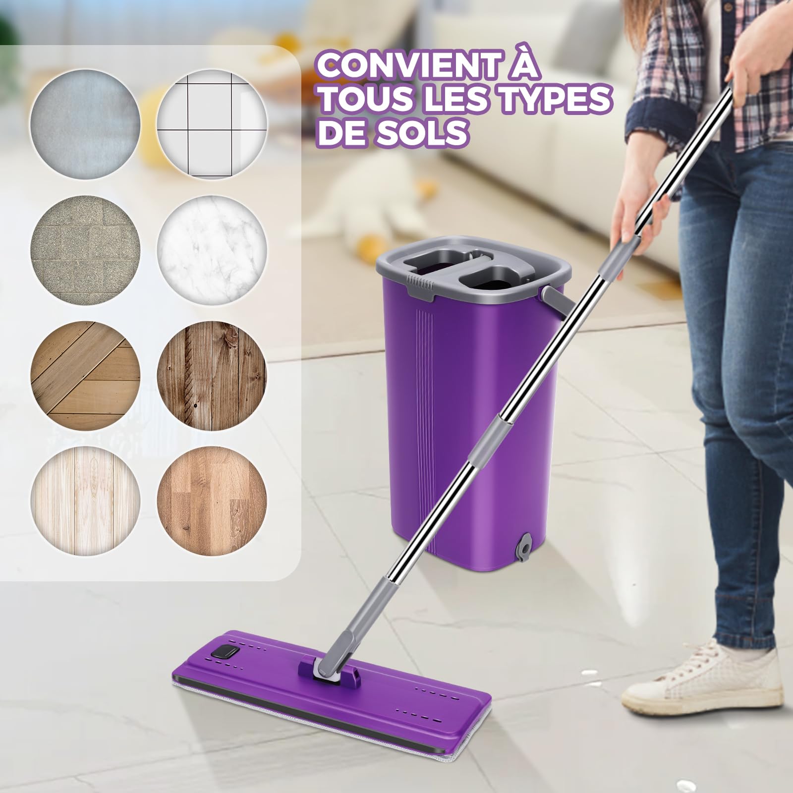 HEVOL Balai Serpillère Essoreur avec Seau, Balai Serpillère Autonettoyante avec 5 Tampons Réutilisables, Balai Plat Microfibre Rotative 360° pour Nettoyer Sol, Violet