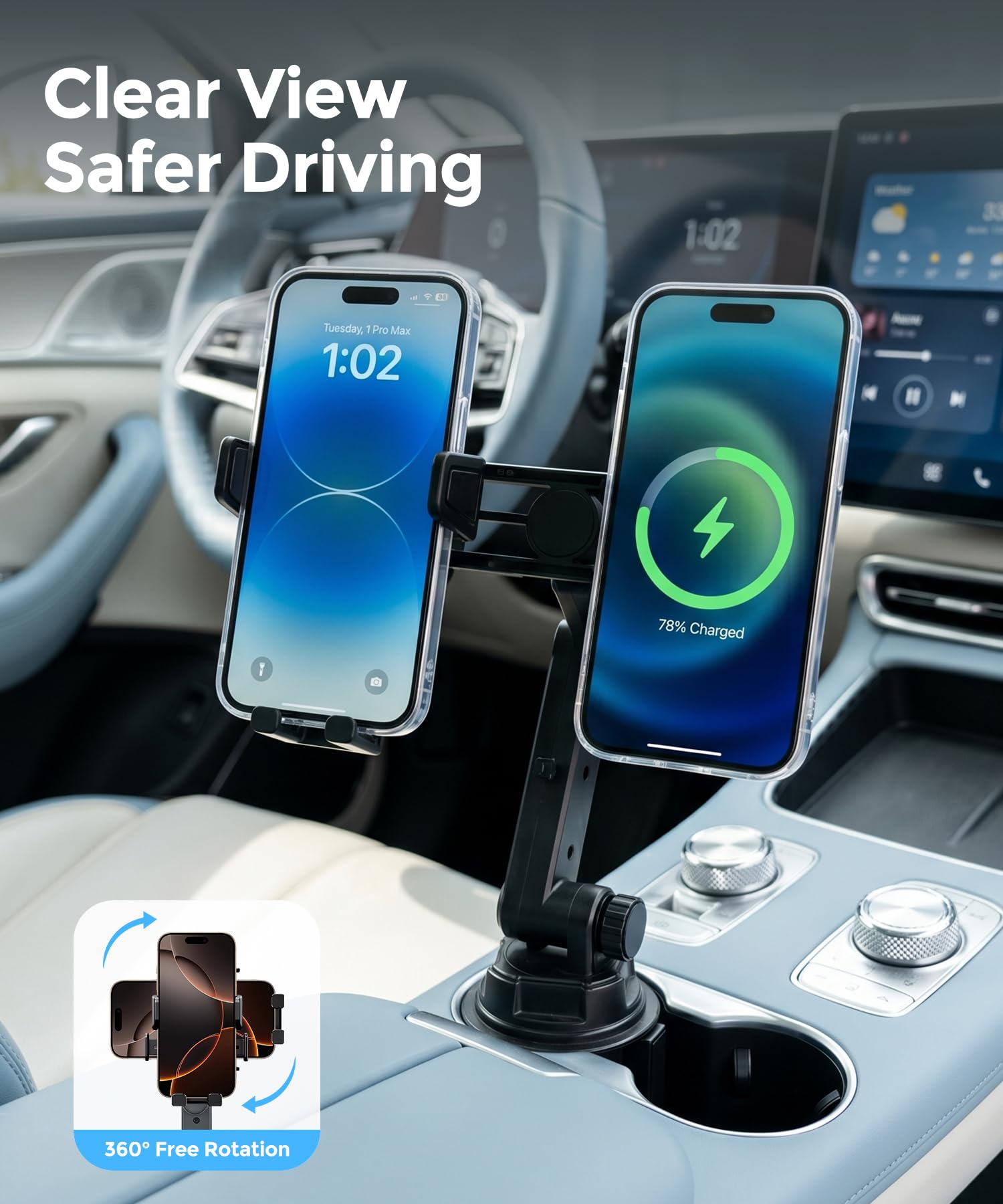 Supporto per telefono a doppia tazza per auto, può contenere 2 telefoni contemporaneamente, Qi2.2 Max 25 W Fast Wireless Car Charger Phone Mount, supporto per tazza, compatibile con MagSafe