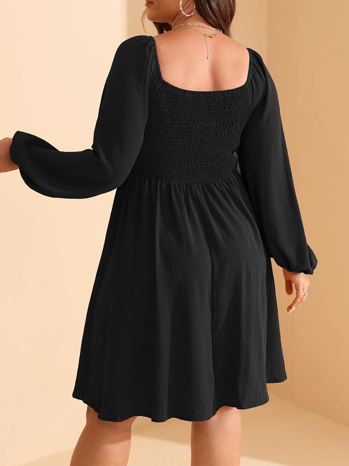 RWJ Womens Long Sleeve Mini Dress 2025 Fall Elegant Square Neck A Line Ruched Smocked Wedding Guest Party Plus Size Dresses - Image 2