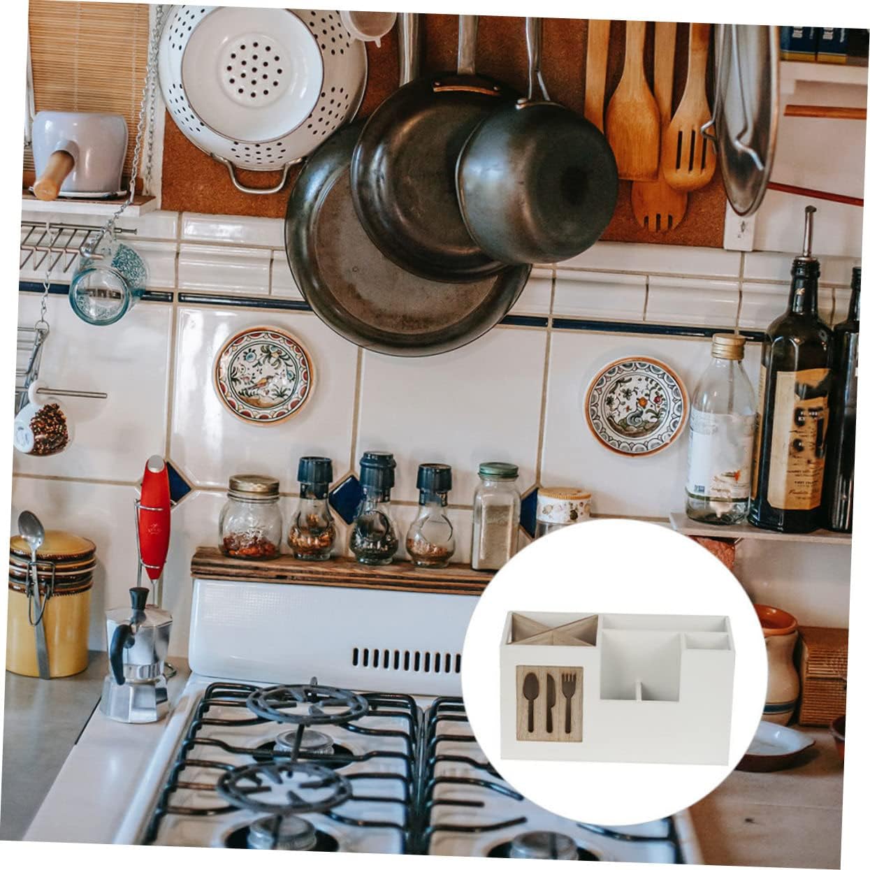 Mobestech Wooden Cutlery Storage Box Utensil Organizer Spoon Holder Kitchen Holder Multifunctional Wooden Kitchen Organizer for Dining Table and Home Use
