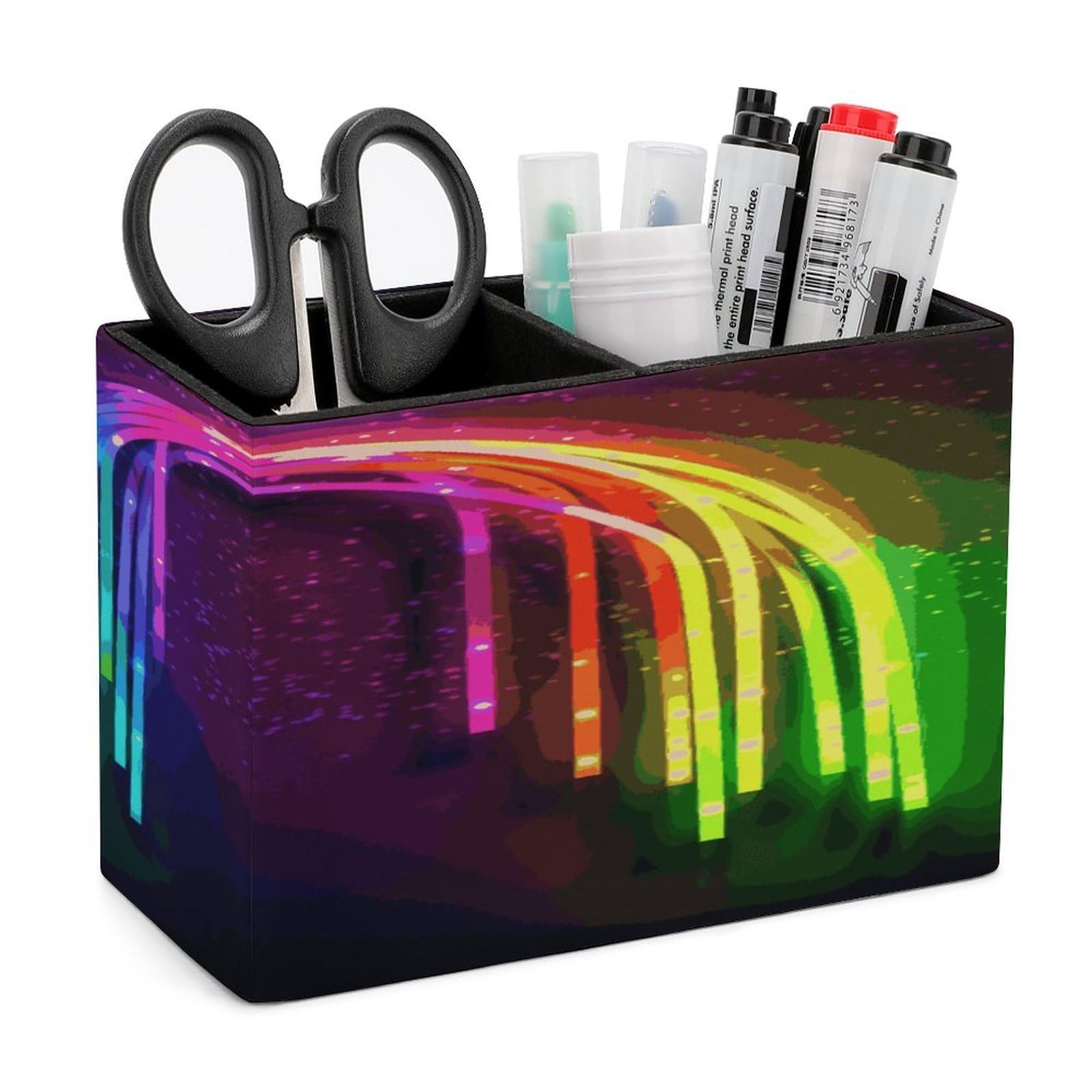 LDGSUPH Rainbow Neon Leather Pen Holder for Desk Organizer Caddy Large Pencil Cup Multi-function Pencil Holder Makeup Brush Holders Pen Organizer for Home Office Storage Box
