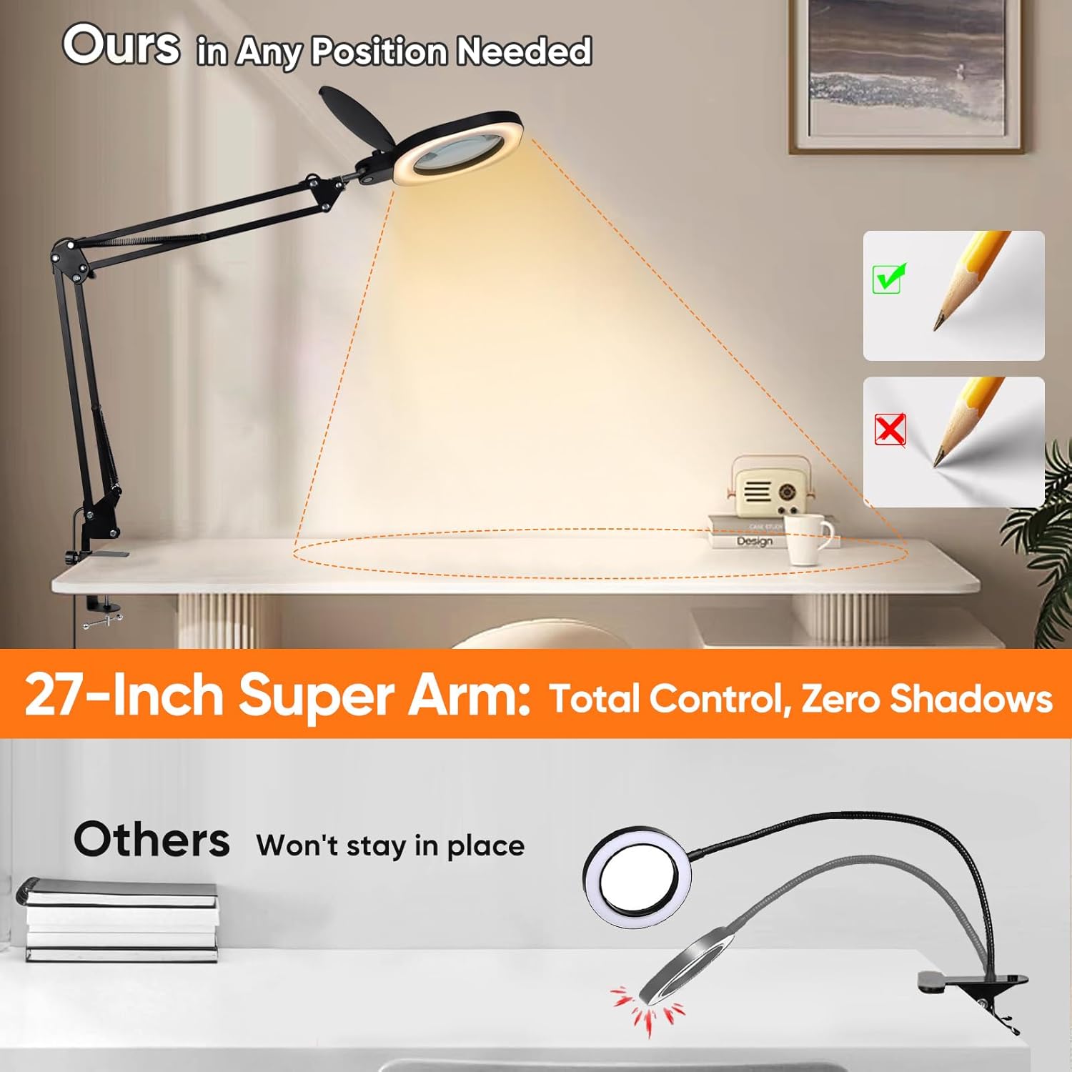 LIONVISON 10x Magnifying Glass with Light: 2-in-1 Magnifying Lamp with Light and Stand and Clamp - Stepless Color & Brightness Desk LED Clamp Lamp with Extra-Long Arm for Seniors Crafts Hands Free