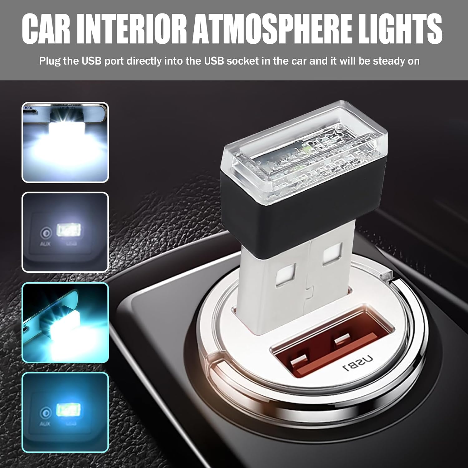 4PCS USB LED Car Interior Atmosphere Lights (White+Ice Blue) image 2