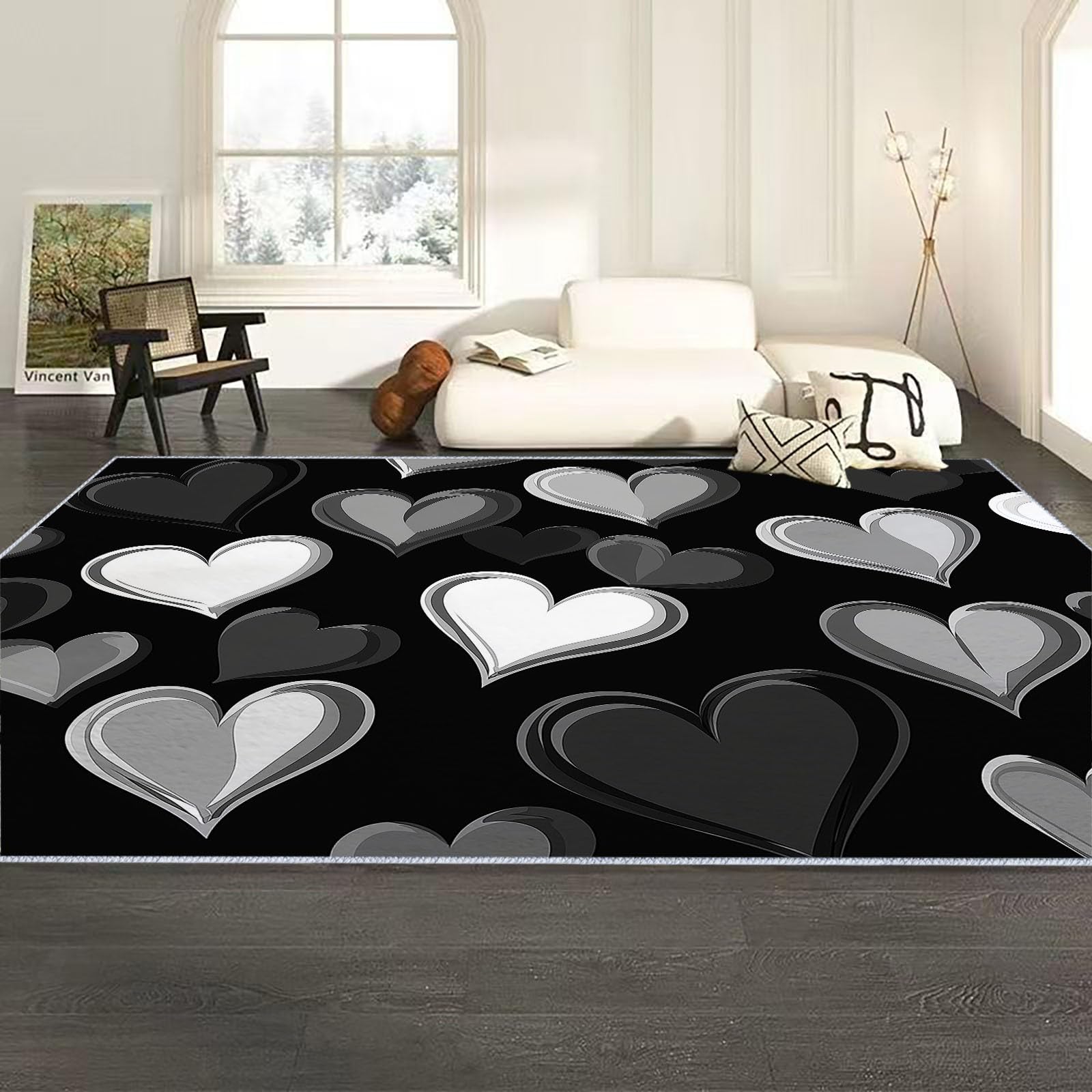 Washable Area Rug 3 x 4 ft, Cartoon Style Heart Print Accent Floor Carpet for Dining Room Office Home, Minimalism Soft Low-Pile Non-Slip Rugs for
