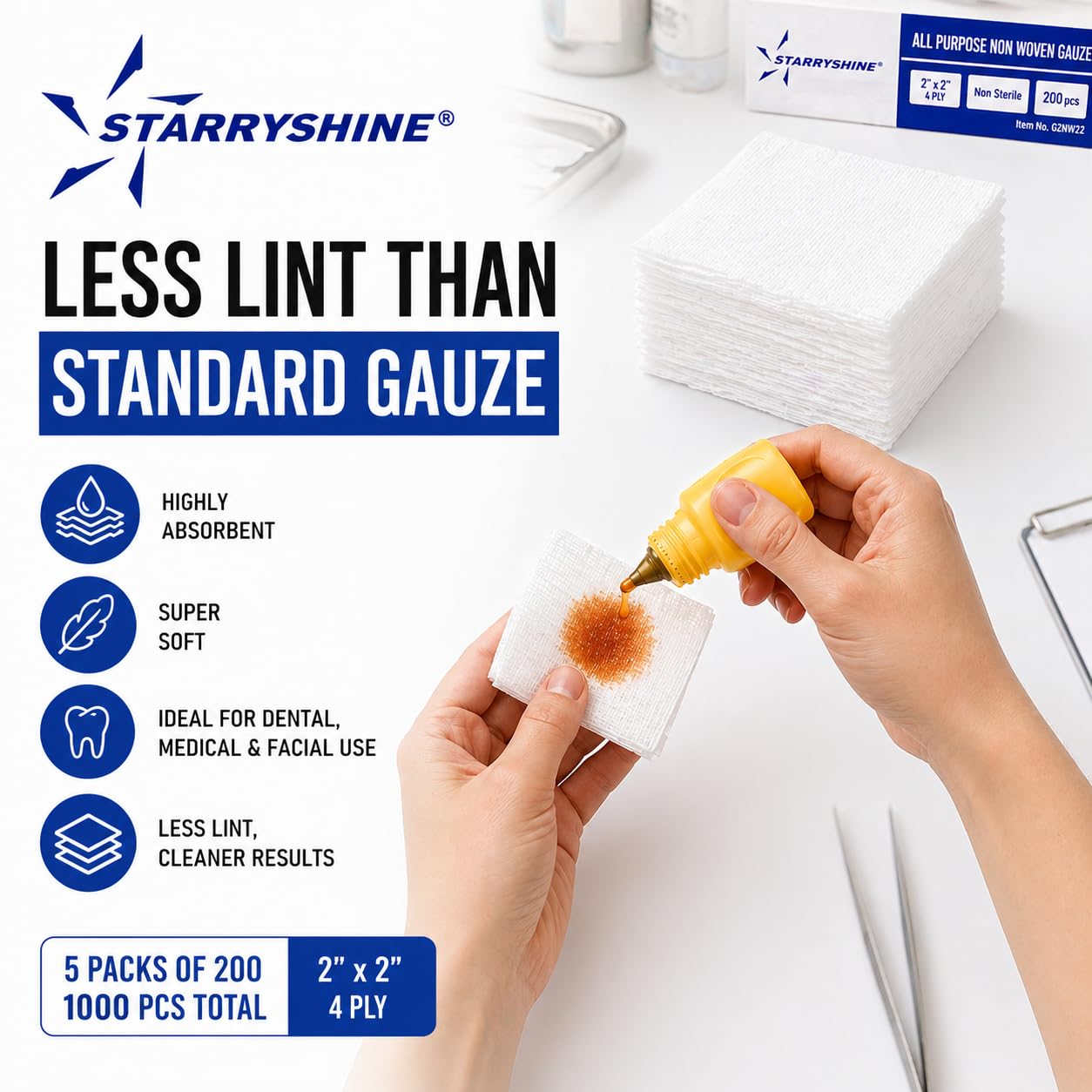 1000 PC (5 PKS) 2"X2" Non-Woven 4-Ply Dental Medical Gauze Pad, Non-Sterile All Purpose Gauze Sponges, 4-Ply Cotton Filled Sponges Provide Maximum Absorption — Amazon image 6
