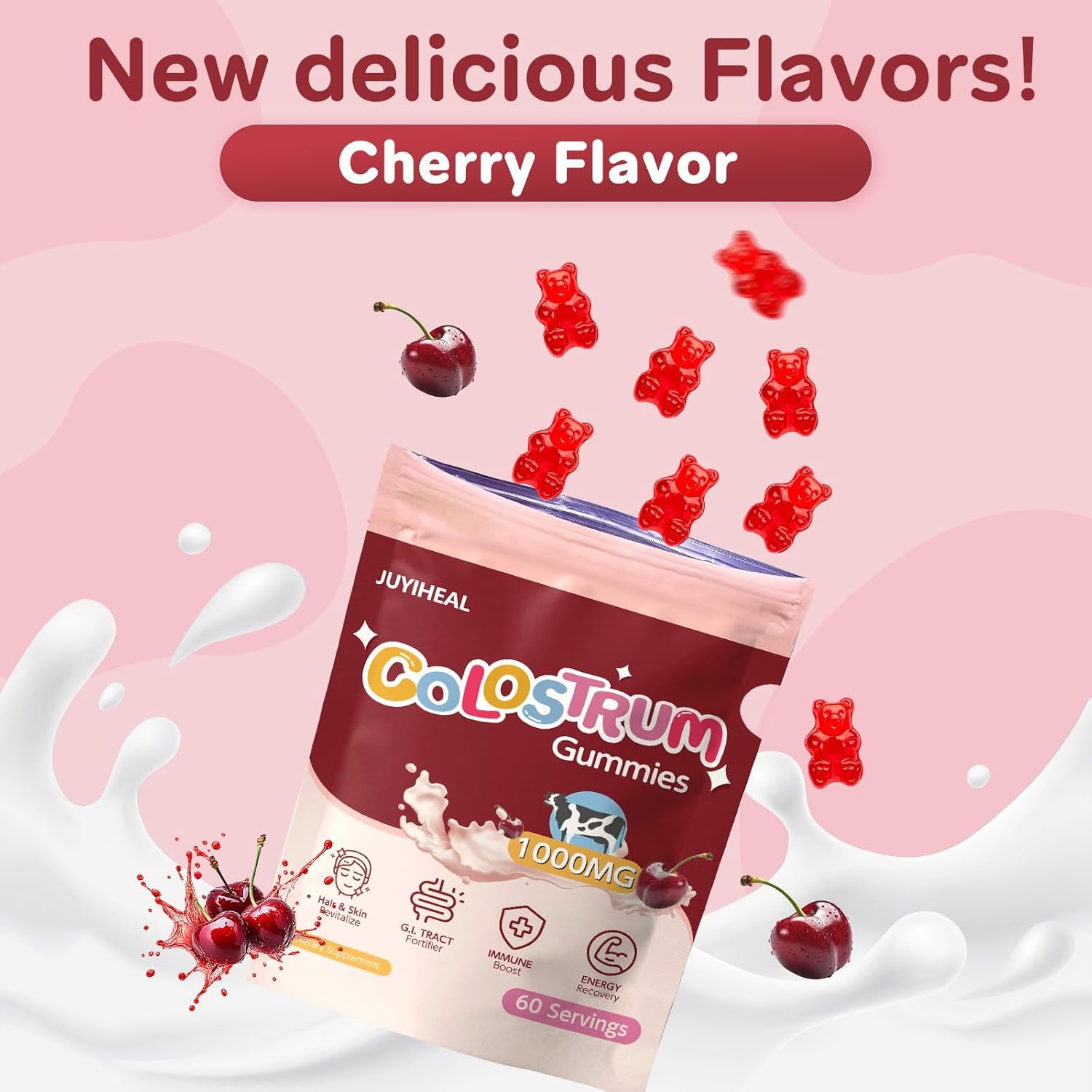 Colostrum Gummies, 1000 mg Grass Fed Colostrum Chews Colostrum Supplement for Gut Health, Hair Growth, Beauty, and Immune Support, Cherry Flavor 60 Servings - Image 6