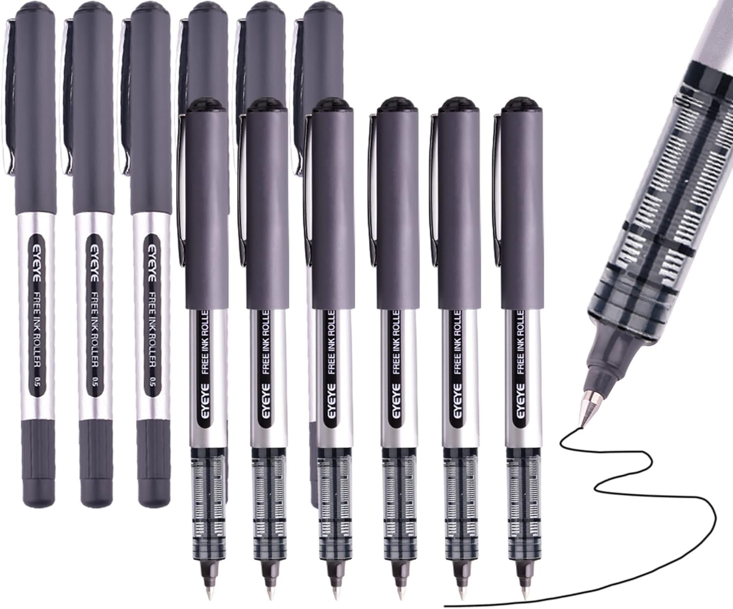 EYEYE Black Rollerball Pens 12 Pack, 0.7mm Medium Point Roller Ball Pen Quick Dry, Liquid Ink Pens Fine Point Smooth Writing Pen for Journaling, Note Taking, Office, School Supplies