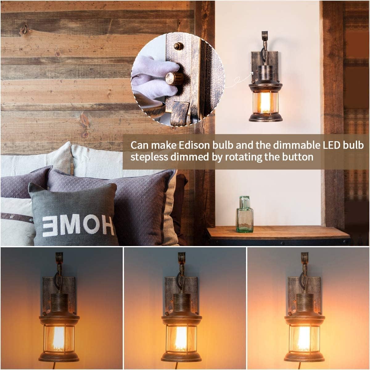 Rustic Wall Light, 2-in-1 Antique Bronze Vintage Wall Light Fixture Plug in Industrial Glass Shade Lantern Lighting Retro Lamp Metal Wall Sconce for Home Bedroom Dining Room café(1 Pack)
