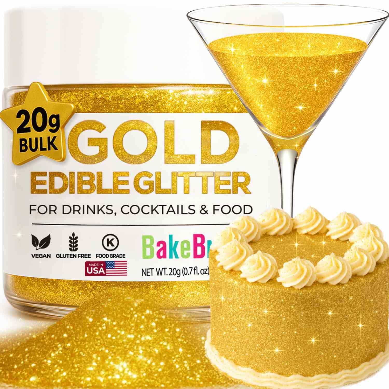 Gold Edible Glitter for Drinks Bulk 20g | Premium Edible Glitter for Cakes, Cocktails, Gold Cake Decorating Decorations Food Grade, Vegan, Kosher, Halal, Gluten Free - Made in USA
