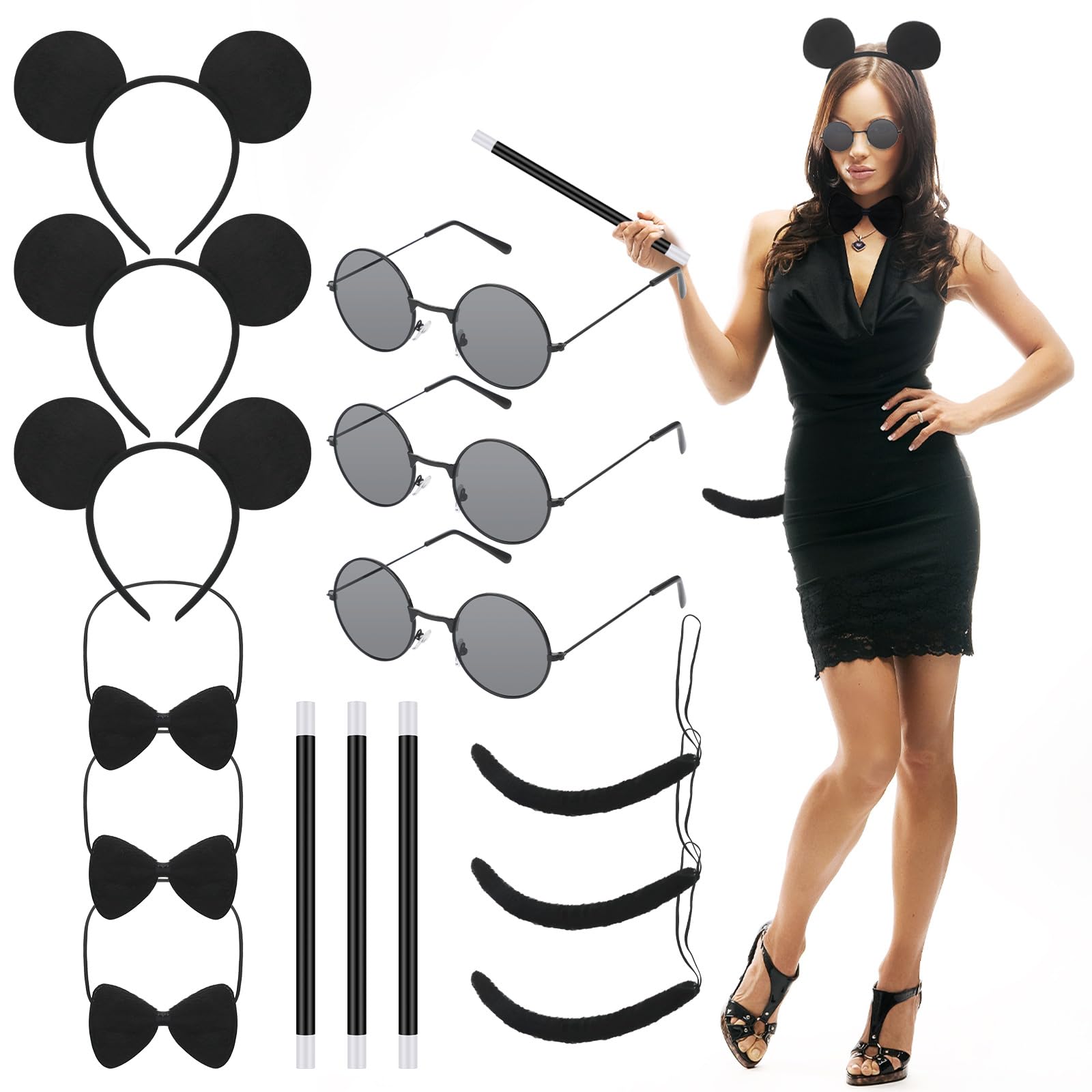 Jutom3 Set Halloween Mouse Costume Set for Adult Three Mice Costume Mouse Headband Tail Bow Tie Eyeglass Cane(Grey)