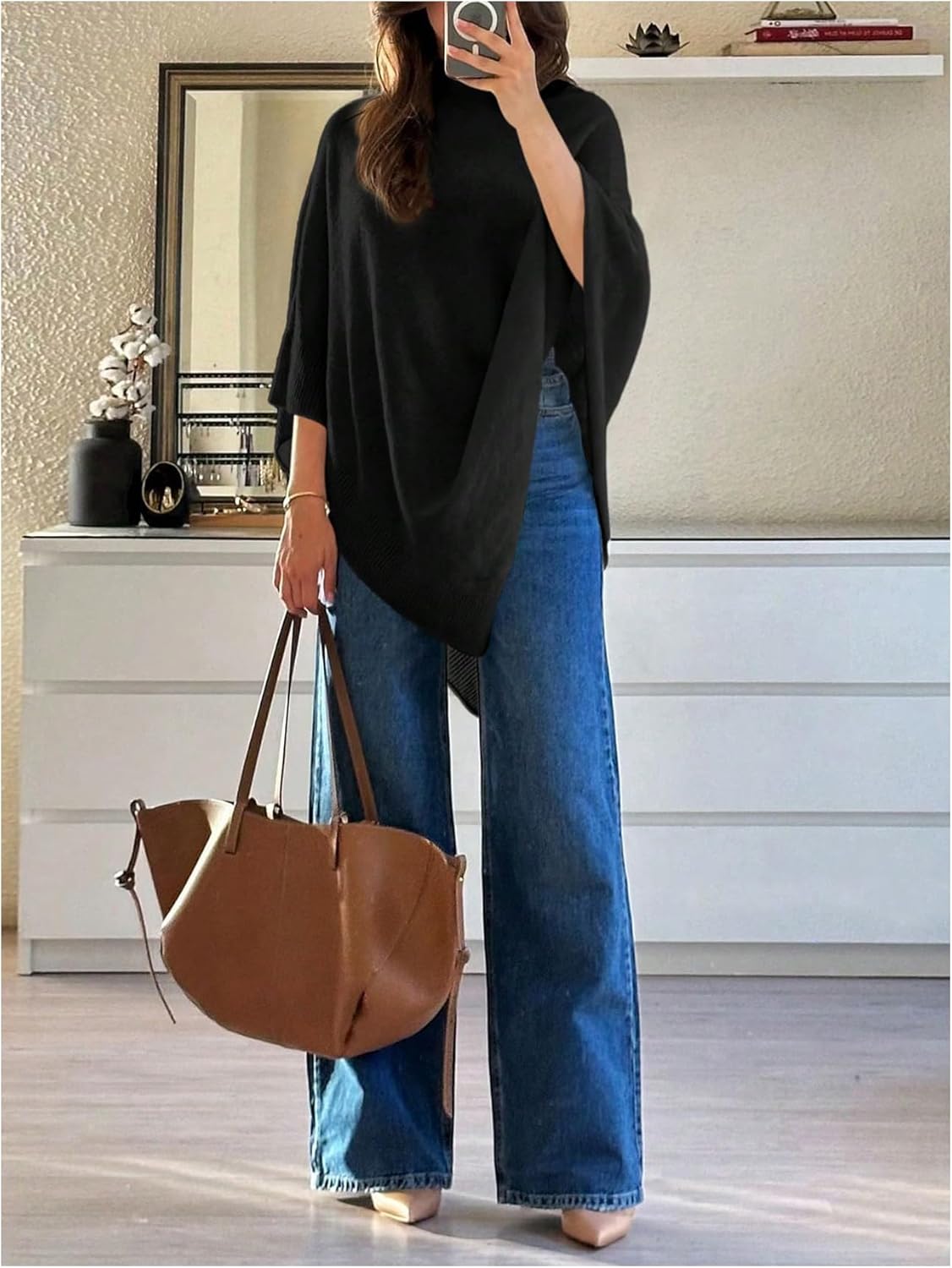 Milumia Women's Poncho Sweater Knitted Pullover Shawls Wraps Capes Dolman Sleeve Tops - Image 3