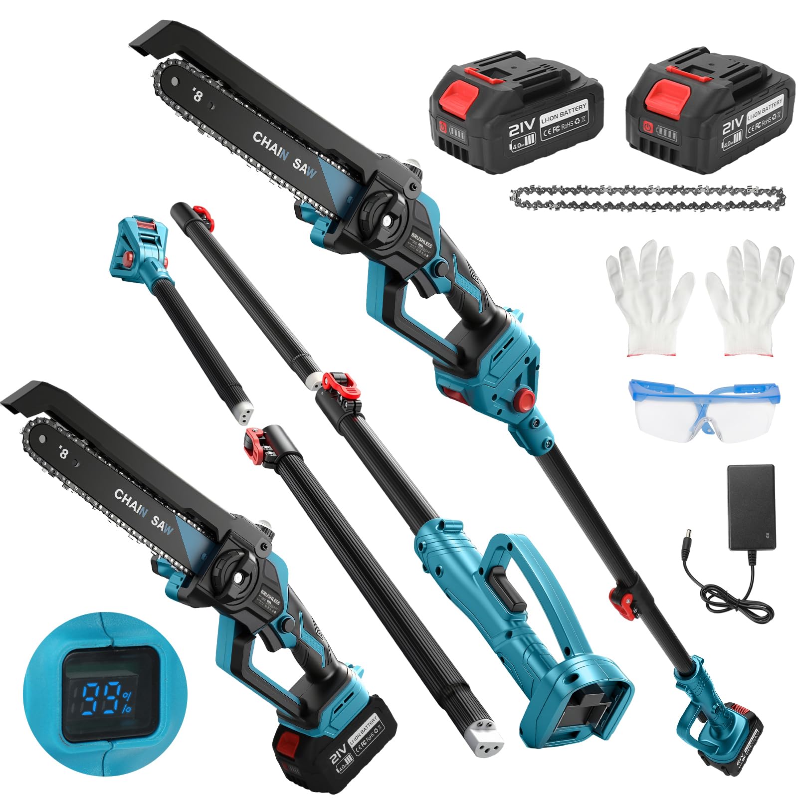 Motosierra de 8 pulgadas con barra de extensión de 8,5 pies, 2 pilas, motor sin escobillas, aceite de cadena automático, motosierra eléctrica para madera de jardín, tijeras de árbol, corte de madera
