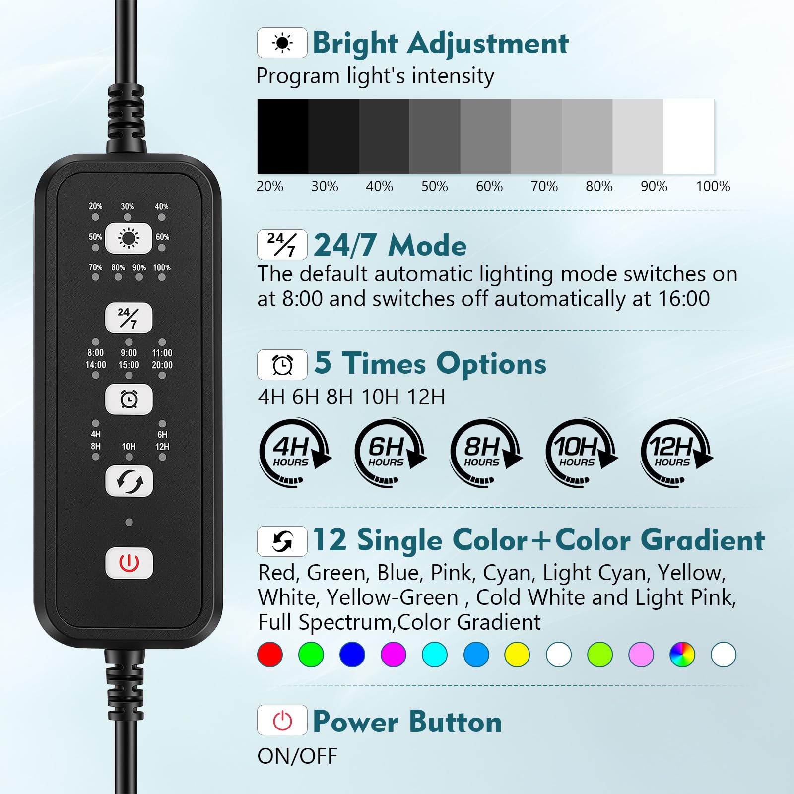 hygger Lampe LED pour aquarium 24h/24, 7j/7, éclairage à spectre complet 16 W avec supports 12 couleurs et 9 niveaux de luminosité pour eau douce (63-76 cm)