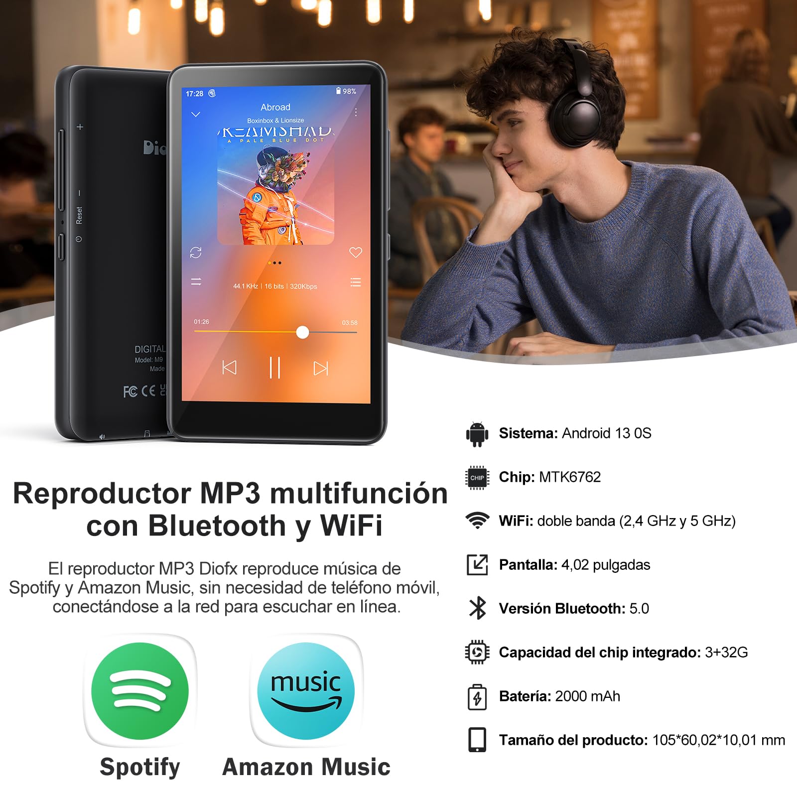 Diofox Reproductor MP3 de 160 GB con Bluetooth y WiFi, Android 13.0 MP3 Player Spotify, 4,02 pulgadas, pantalla táctil MP3, reproductor MP4, Amazon Music, Deezer, FM Radio, Play Store, reproductor de