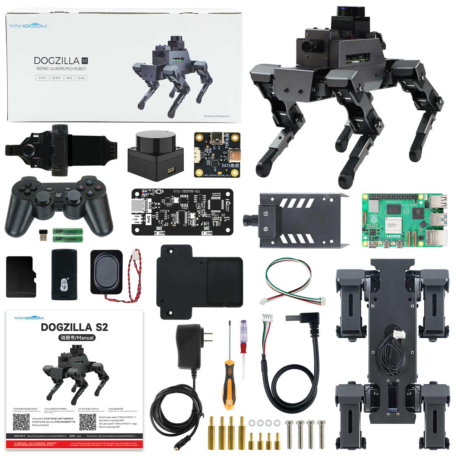 Yahboom Raspberry Pi 5 Adults AI Large Model Robot Dog Python Programming 12 Joints Bionic Mechanical Dog DOGZILLA Face Color Recognition OpenCV Embodied Intelligence (S2 with Pi 5-4GB)