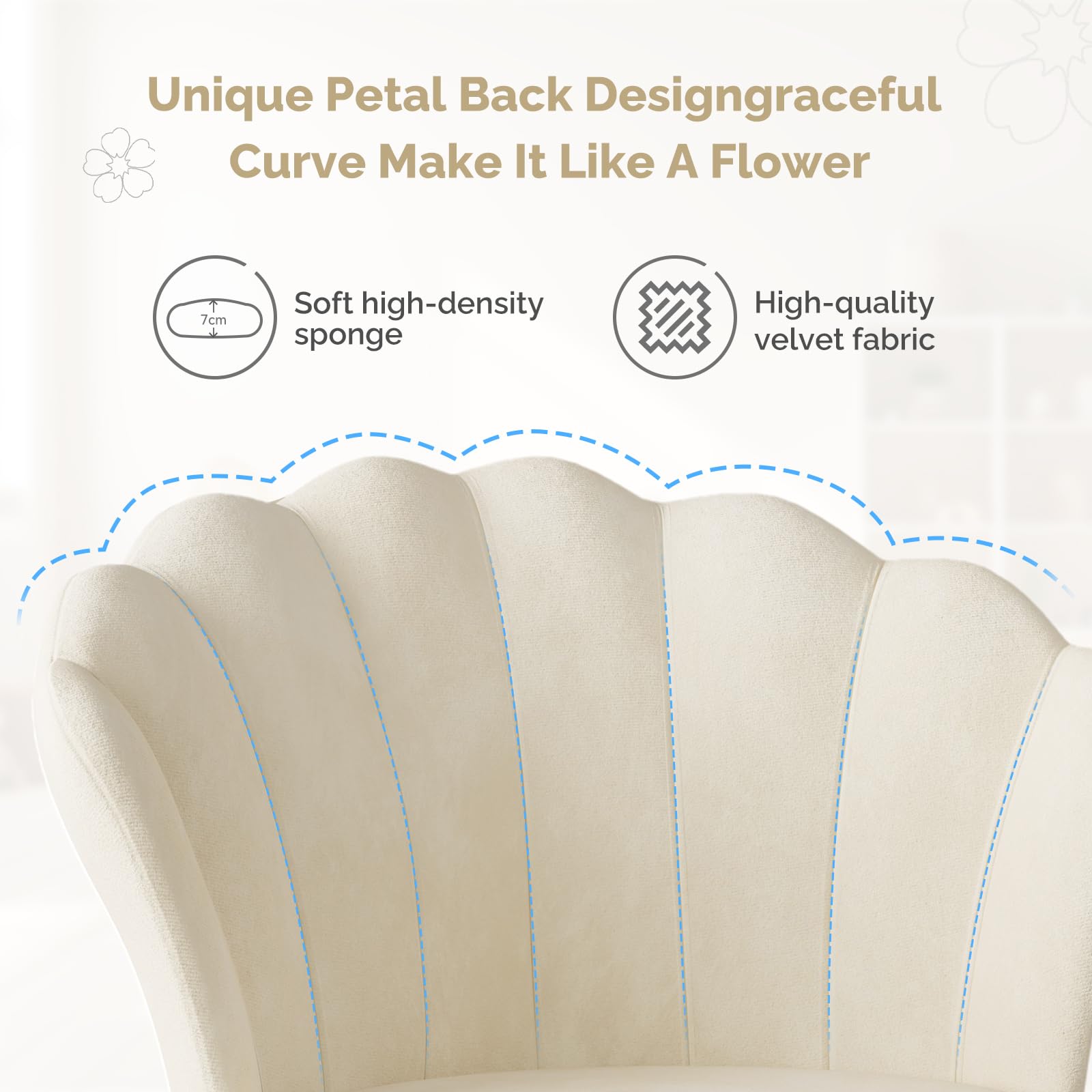Homeoffice Stuhl,Schminkstuhl,SamtStuhl mit Kopfkissen Blütenblatt-Rückenlehne 360° drehbar Höhenverstellbar Bürostuhl ergonomisch für Arbeitszimmer Schlafzimmer,bis 120kg belastbar Beige