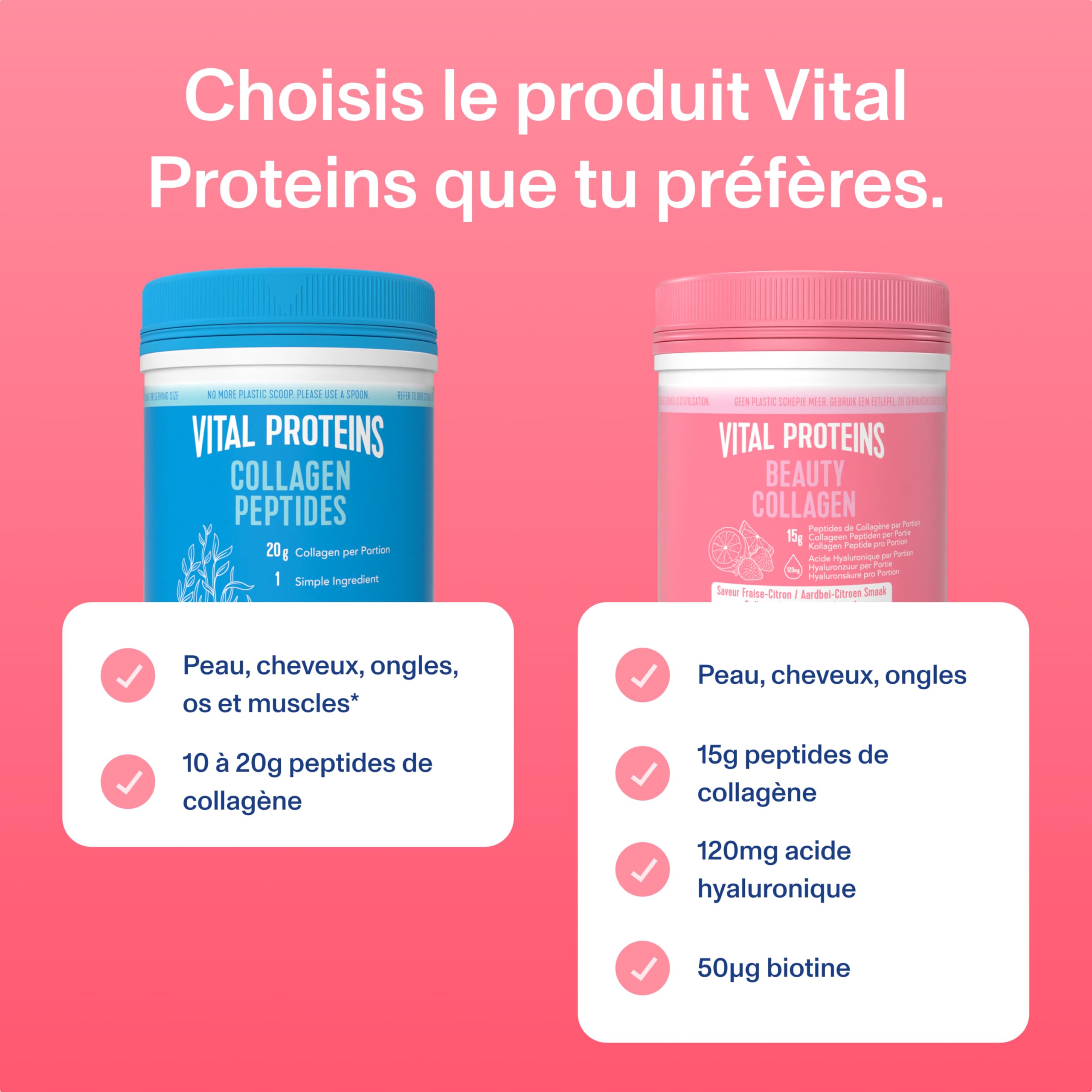 Vital Proteins Beauty Collagen 271g, Collagène Bovin Hydrolysé avec Acide Hyaluronique, Biotine, Poudre pour Peau, Cheveux, Ongles, 15g de collagène par portion, Goût Fraise Citron