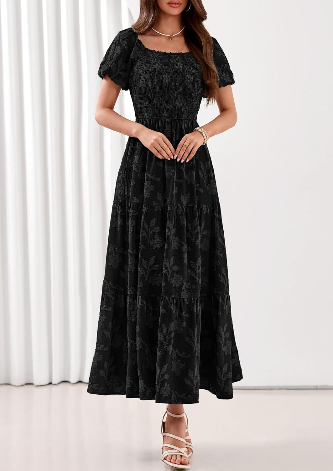 PRETTYGARDEN Women's 2026 Summer Boho Maxi Dresses Floral Short Sleeve Square Neck Smocked Flowy Long Dress Vacation Outfits - Image 5