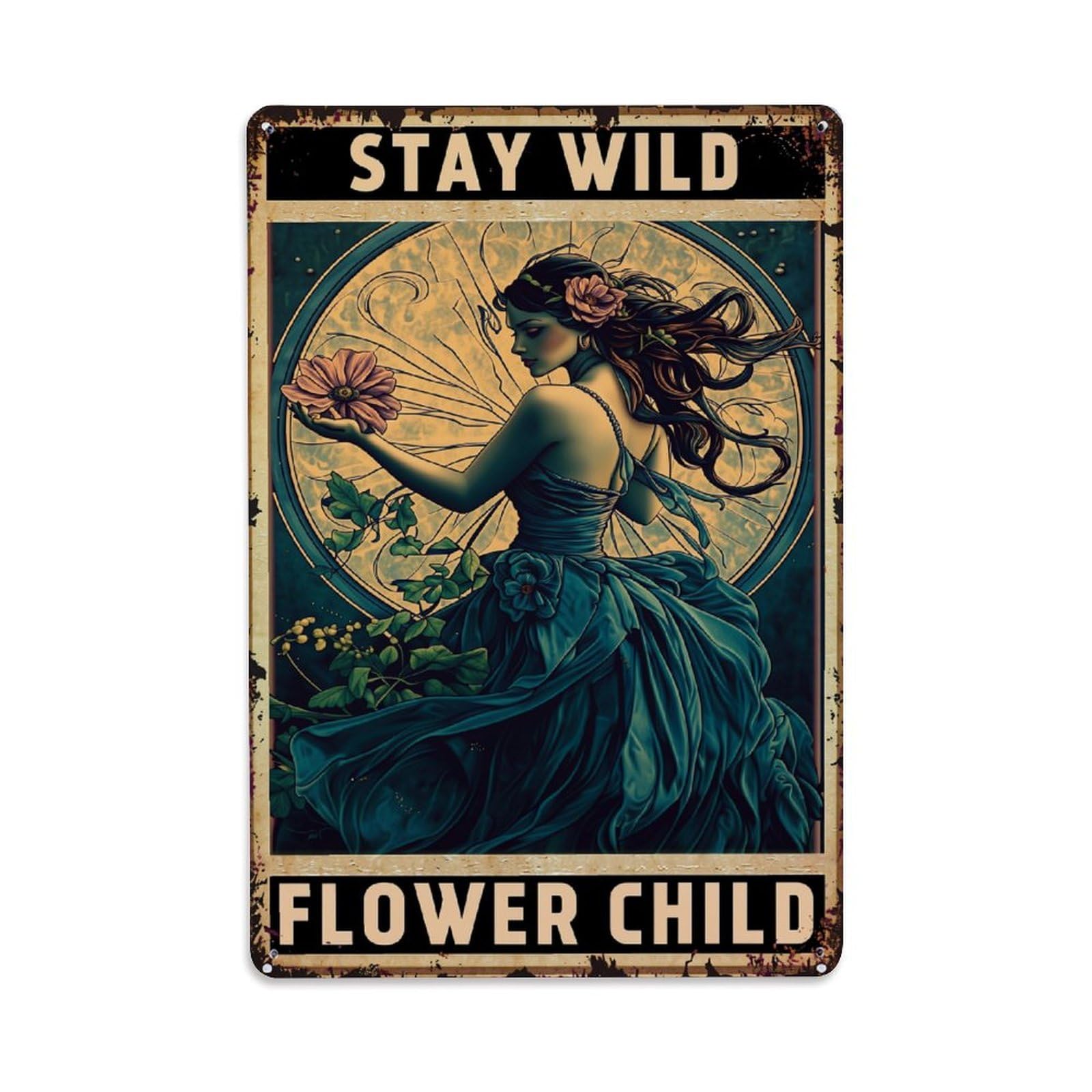 Jdfenggu Vintage Flower Child With Wings Holding Bloom Retro Metal Tin Sign, Decor Art Poster For Bar, Home, Man Cave, Kitchen, Laundry Room Gift 8X12inch